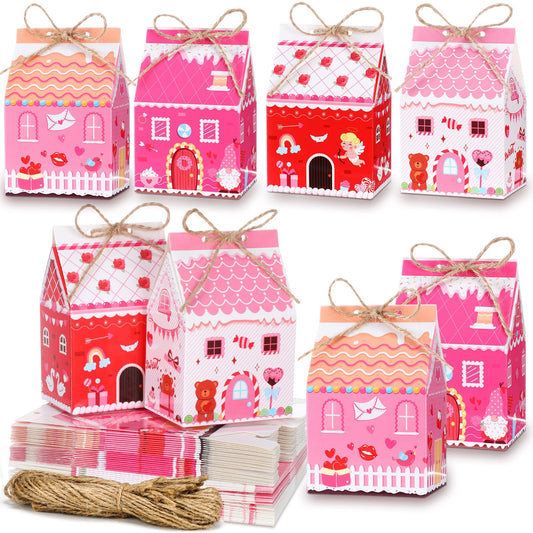 48 Pcs Valentine's Day Treat Boxes Candy Mini Red Pink Heart House Favor Box Valentine's Day Party Paperboard Gift Boxes for Holiday Party Treat Cookie Goodie Snack Gift Packaging