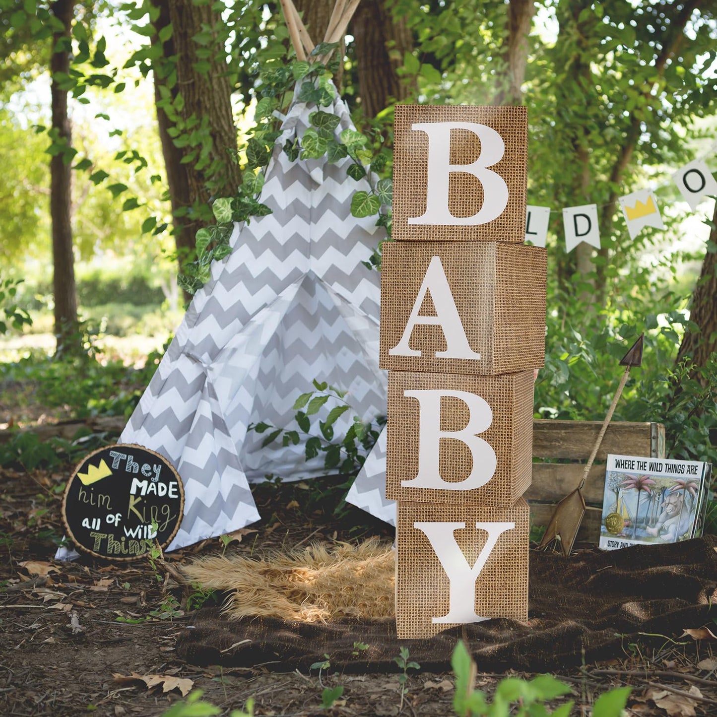 RUBFAC Baby Boxes with Letters for Baby Shower, 4pcs Rustic Farmhouse Style Boho Balloon Boxes with Burlap Grain for Birthday Gender Reveal Decoration Backdrop Photo Props