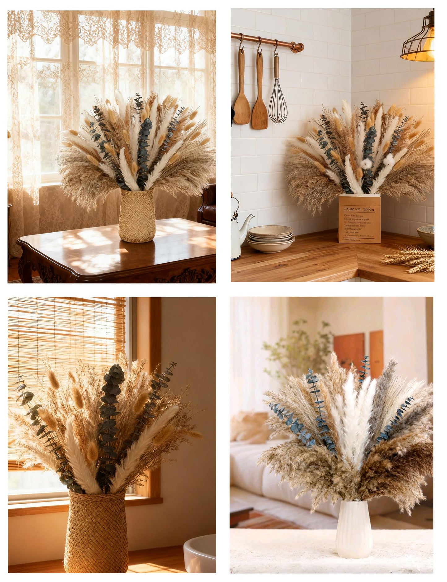 120 PCS Dried Pampas Grass, Dried Flowers, Reed Grass Bouquet for Bohemian Flowers Home Table Wedding Decoration, Rustic Farmhour.(Light Brown)