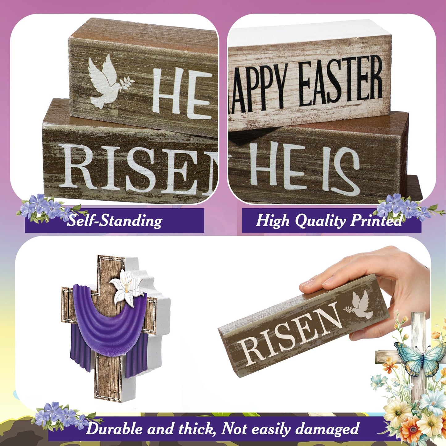 4 Pcs Easter Decorations He Is Risen Wooden Sign Christian Table Centerpiece Religious Cross Tiered Tray Decor Decorative Faux Book Stack Block for Table Fireplace Mantel Floating Shelf