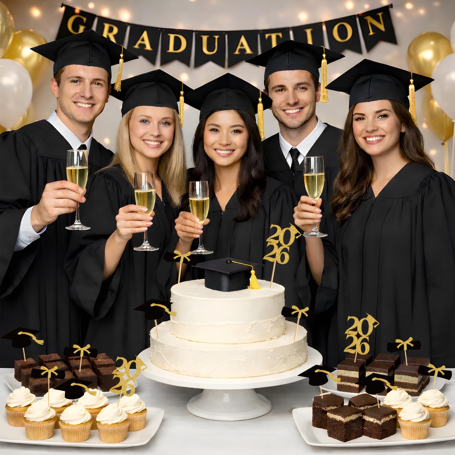 OHOME Graduation Decorations 2026-36 PCS Graduation Cupcake Toppers - 2026 Graduation Party Decorations - Mini Cake Decorations for Class of 2026,Diploma, 2026, Grad Cap Set (Black)