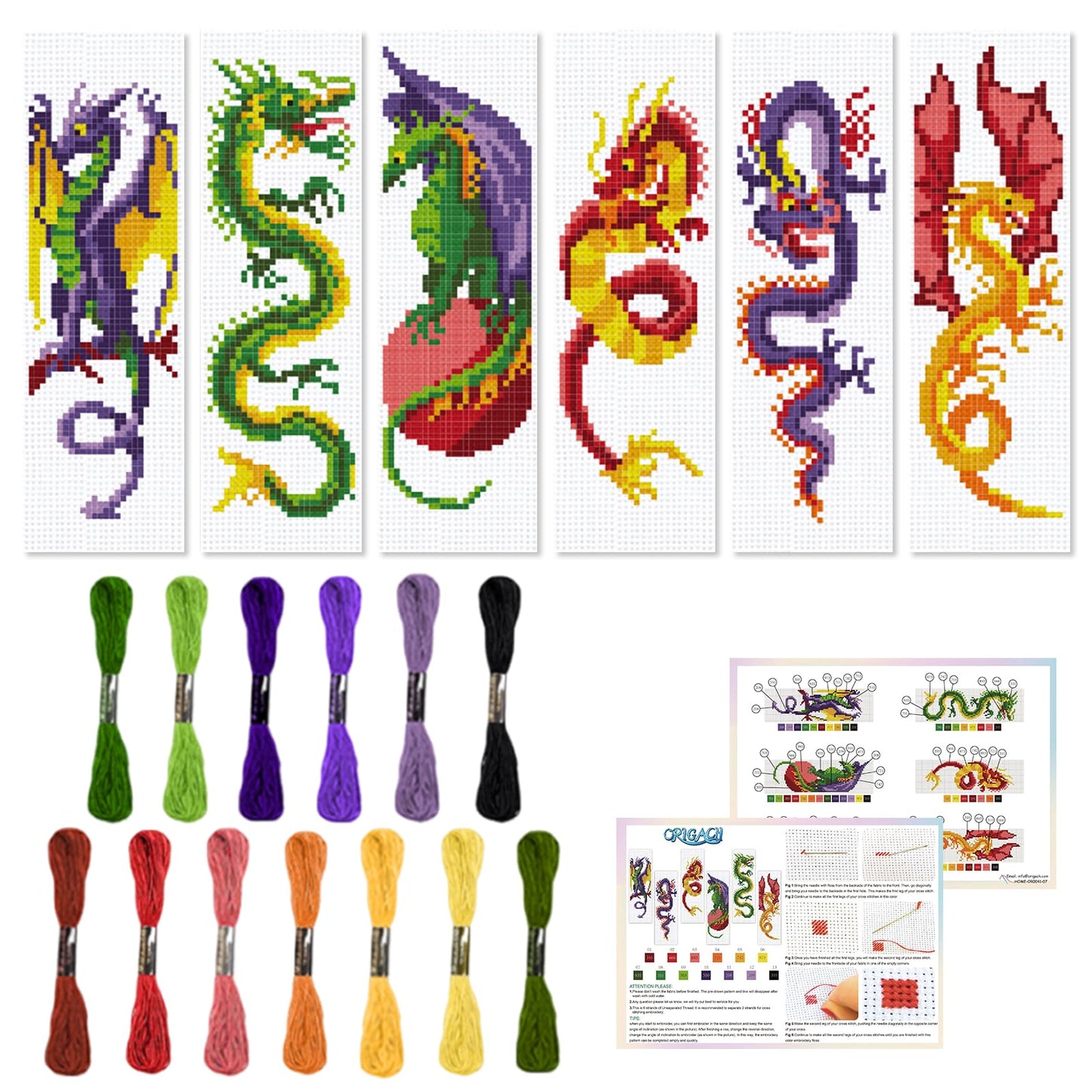 6 Pcs Cross Stitch Bookmark Kit for Beginner Dragon Pattern Stamped Embroidery Stitch Kits for Starter DIY Bookmarks Printed Cross Stitch Kits with 13 Colors Embroidery Floss