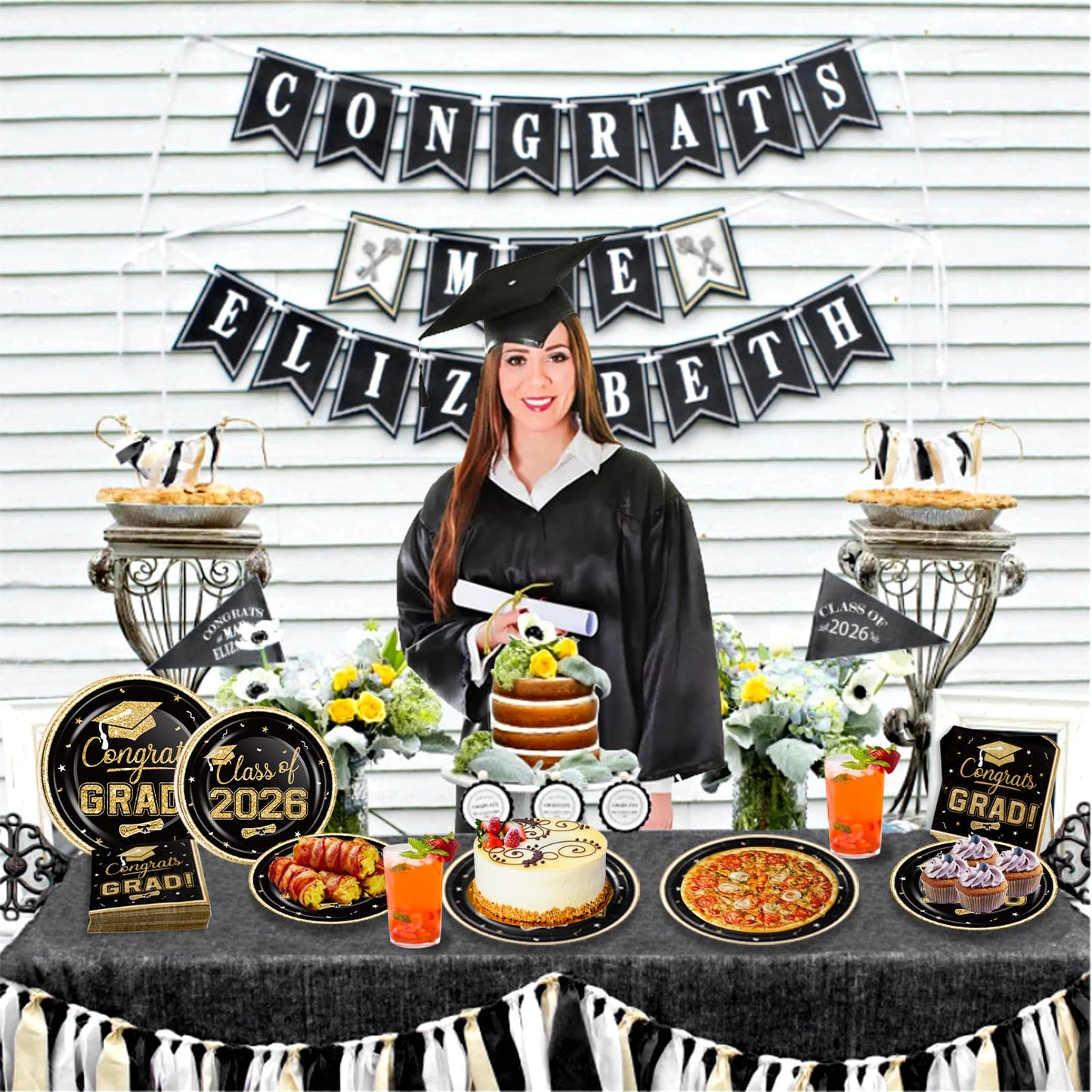 2026 Graduation Party Supplies Tableware Set - 200 Pcs Black Gold Graduation Plates and Napkins Class of 2026 Disposable Dinnerware for College High School Congrats Graduation Party favors, Serve 50