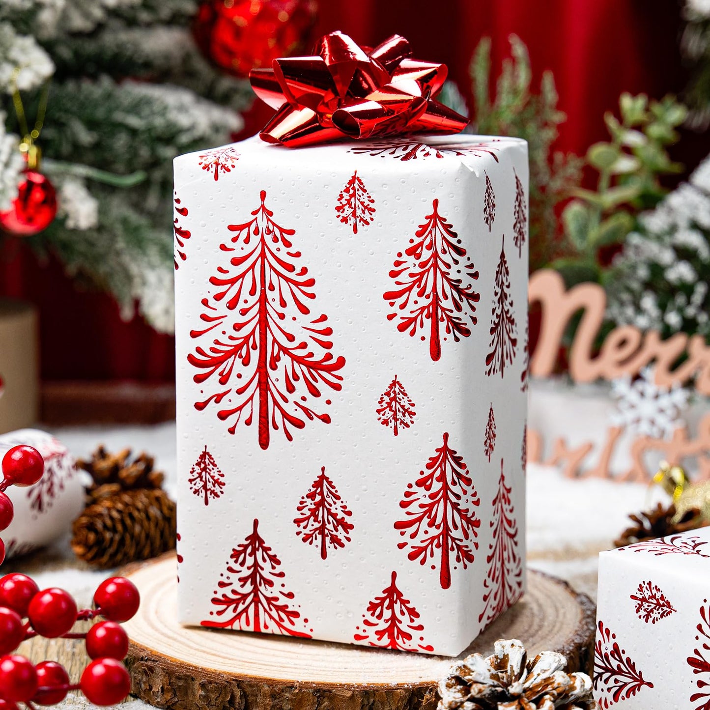 Kraft Christmas Wrapping Paper-White 3D Embossed Gold Foil Christmas Pine Tree with Woodlands for Holiday, Party,Celebration, New Year (17 Inch X 32.8 Feet)