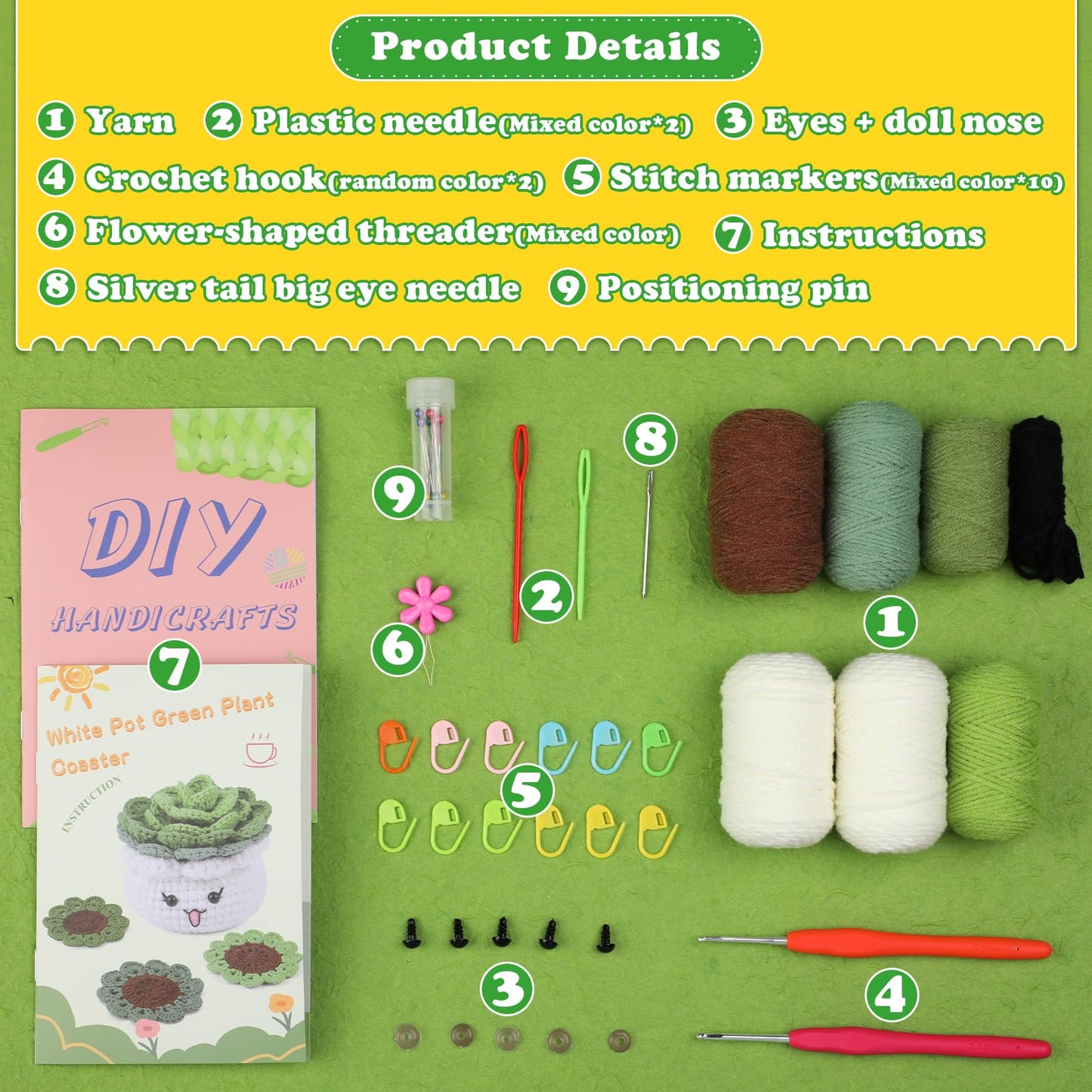 FTEVEN Crochet Kit for Beginners, 3PCS Coasters Potted Plants Crochet Starter Kit for Beginners Adults, Knitting Kit with Step-by-Step Video Tutorials and Crochet Yarns