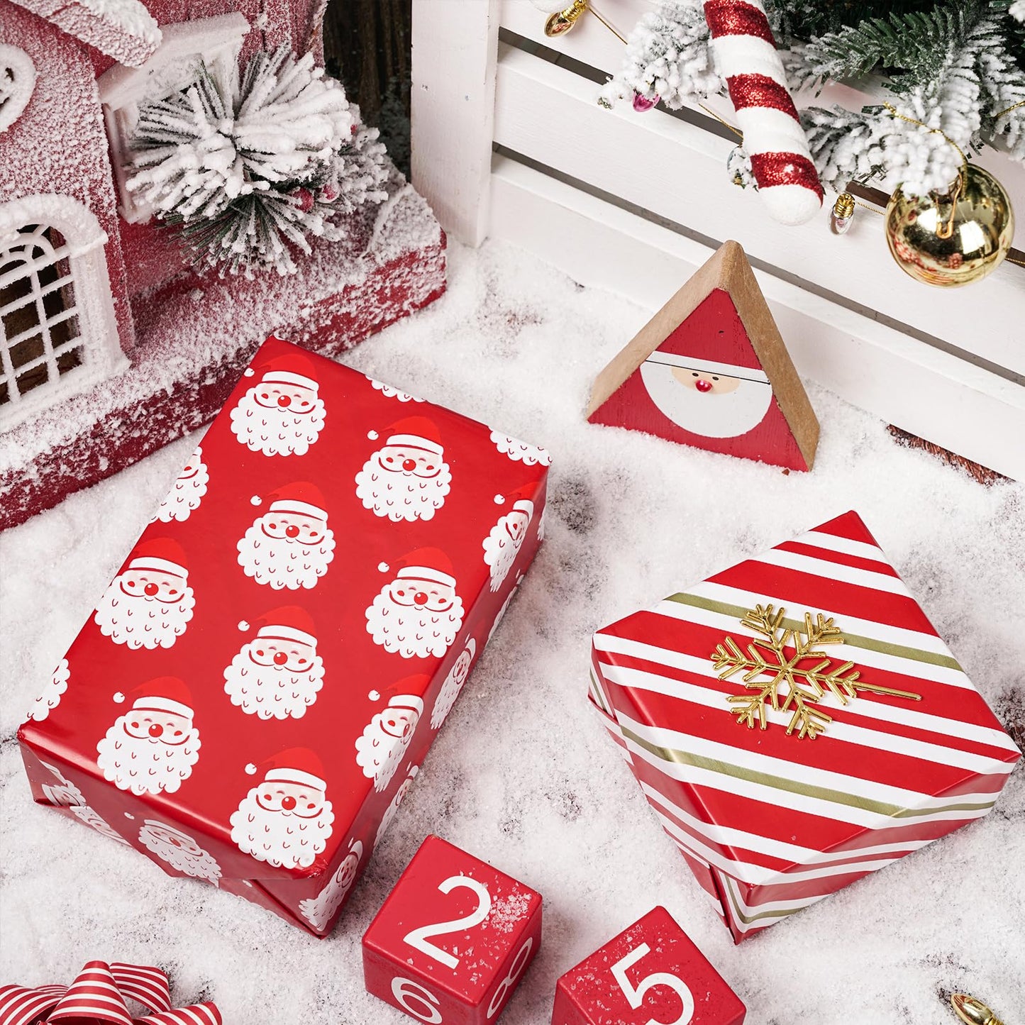 Reversible Wrapping Paper Roll - Mini Roll - Christmas Santa Claus and Stripe Pattern Great for Christmas, Party, Holiday - 17.5 Inches X 32.8 Feet