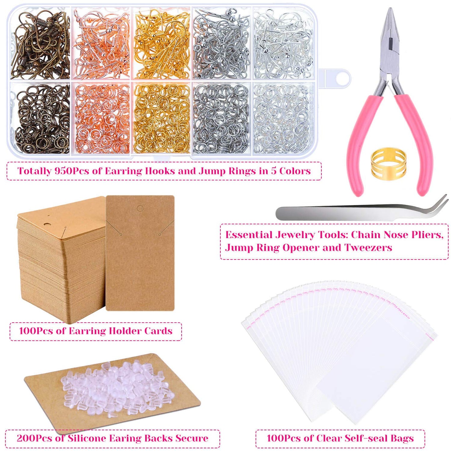 Earring Making Supplies,   1350pcs Earring Making Kit with Earring Hooks, Jump Rings, Pliers, Earring Backs, Earrings Holder Cards and Clear Bags for DIY Earring Supplies and Earring Findings