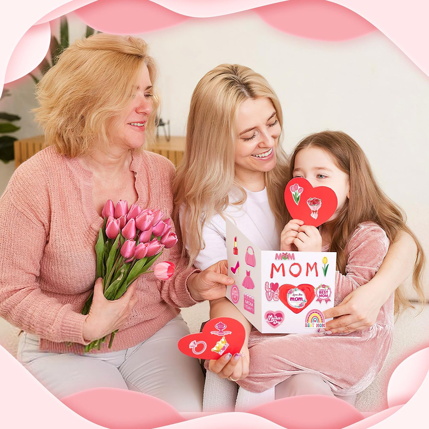 JULBEAR Mother's Day Foam Stickers, 300pcs Themed Hearts Tulip Flowers for DIY Craft Gift Cards Box Party Decoration