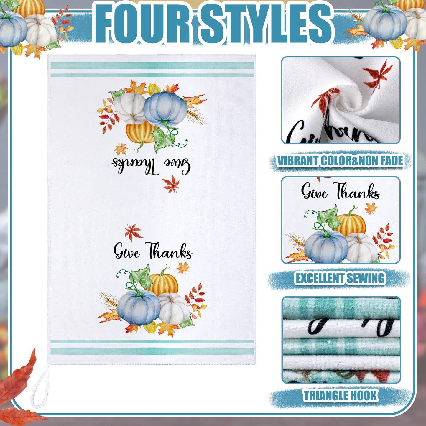 Sratte 6 Pcs Fall Kitchen Towels Blue Pumpkin Tea Dishtowels Absorbent Autumn Bathroom Hand Towels Thanksgiving Fall Decoration for Xmas Kitchen Bathroom Gifts