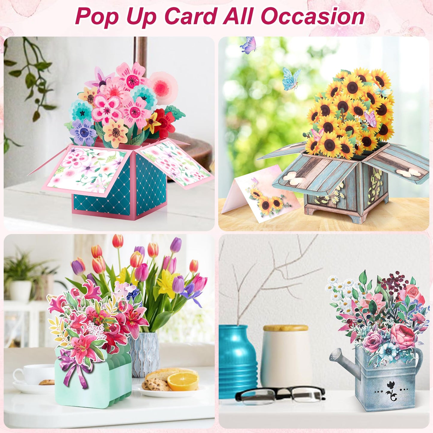 Giiffu 4 Pack Pop Up Flower Bouquet Cards, 3D Paper Flower Greeting Cards with Envelope & Note, Pop Up Birthday Cards for Women, Mothers Day Card, Thank You, Get Well, All Occasion Gift Cards
