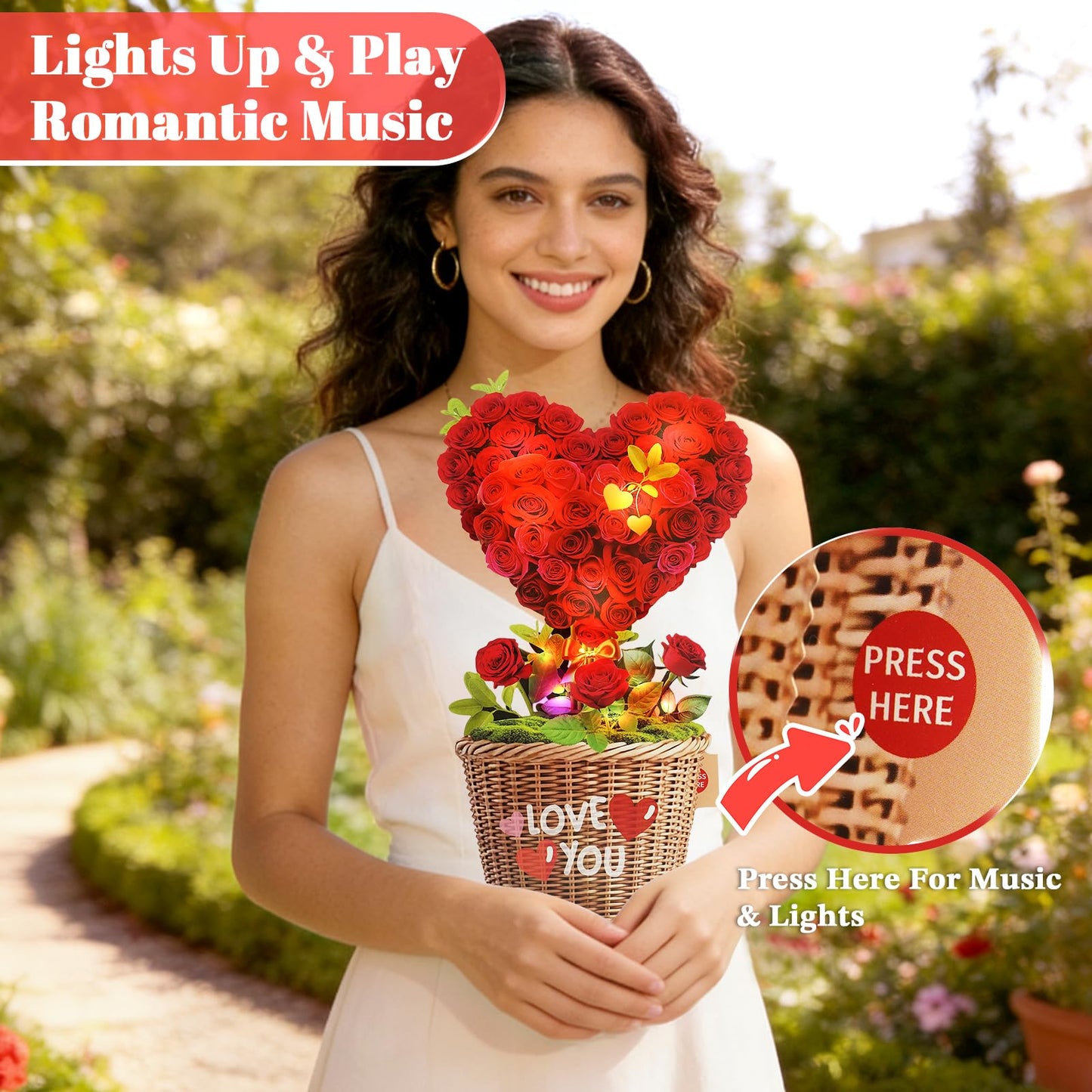 MZD8391 Mothers Day Card with MUSIC & LIGHTS, 3D Pop Up Birthday Card & Anniversary Card, Love Tree Hearts, 10 Inch Life Sized Forever Bouquet Mothers Day Gift for Women Her Wife Mom