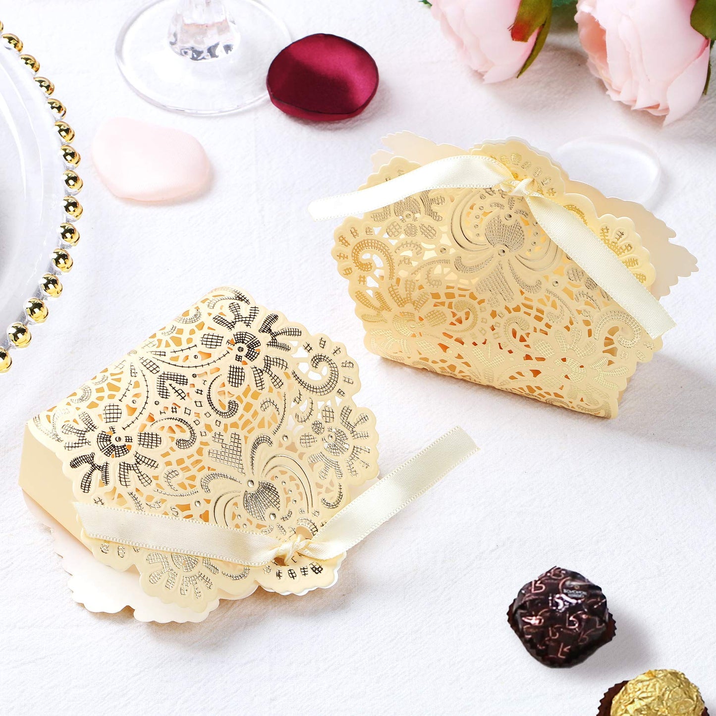 ponatia 50 PCS Laser Cut With Ribbon Wedding Party Favor Box, Wedding Gift Box, Chocolate Candy and Gift Boxes Paper bags for packaging(Gold)