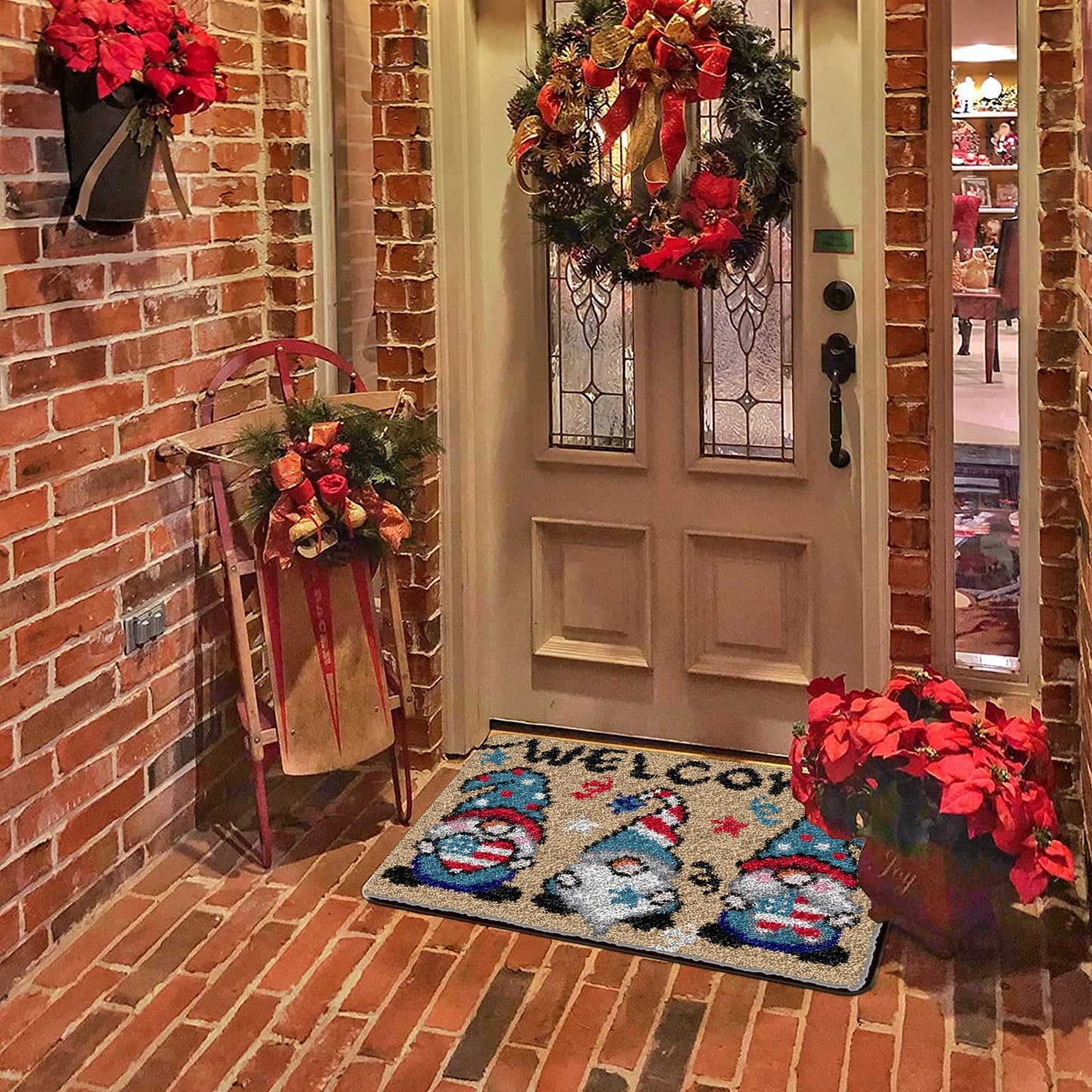 TEZKIM Latch Hook Kits for Adults Kids Christmas Rug Making Kits with Printed Canvas Carpet Tapestry Kits DIY Needlework Doormat Creative Gift Home Decoration 20.5Inch X13.8Inch (Beige)