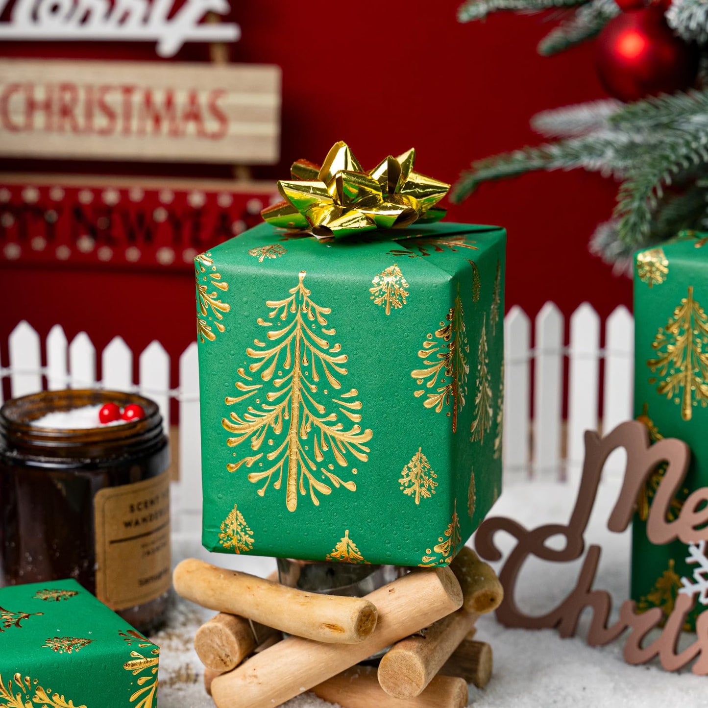 Kraft Christmas Wrapping Paper, Green 3D Embossed Gold Foil Christmas Pine Tree with Woodlands Wrap Paper for Holiday, Party,Celebration, New Year (17 Inch X 32.8 Feet)