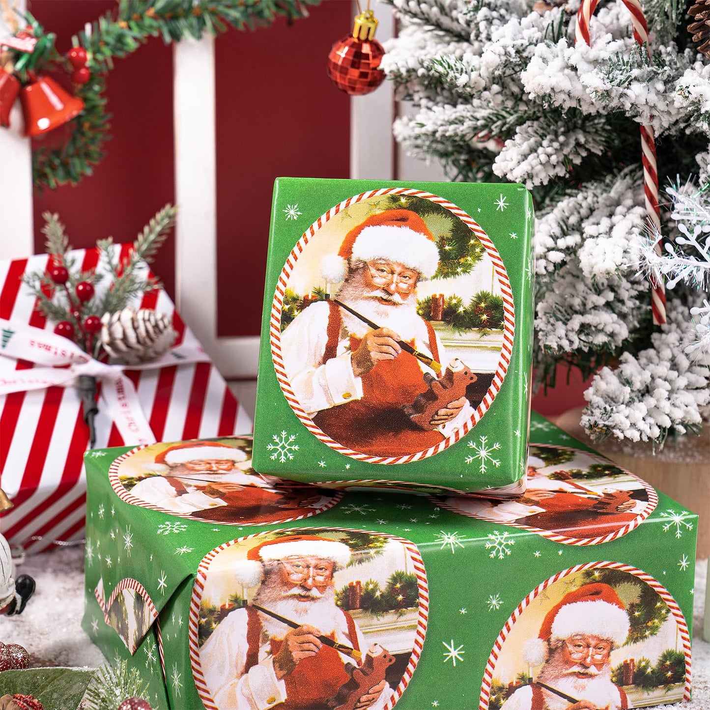 Christmas Reversible Wrapping Paper Roll, Mini Roll, Vintage Red Green Santa Claus Design and Red White Candy Cane Stripe Pattern Gift Wrap Paper for Holiday Gifts, 17 Inches x 32.8 Feet