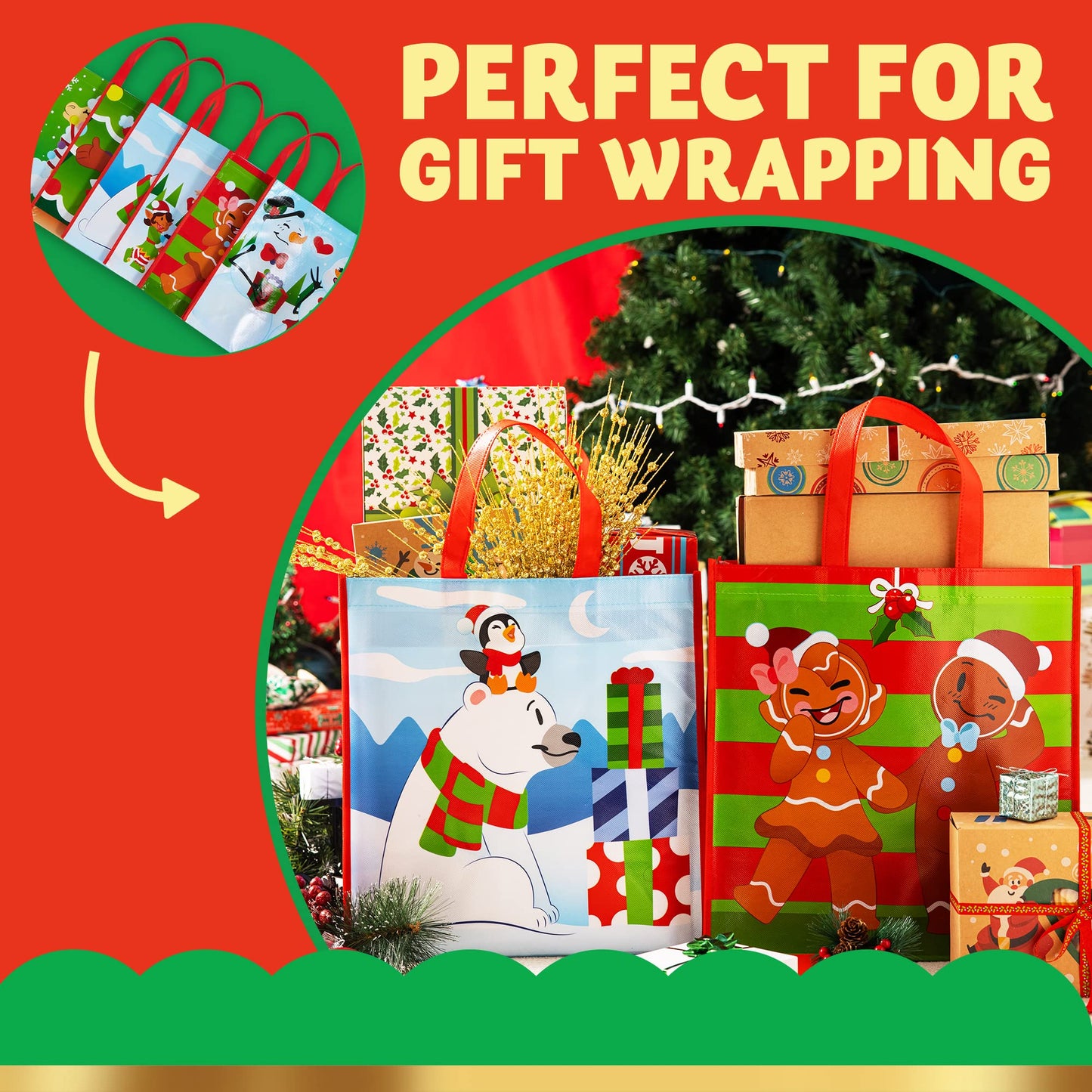 12 Christmas Extra-Large Gift Bags 13.75"x8"x14", Reusable Non-Woven Tote Bag With Handles for Xmas Wrapping Holiday Party Favors, Grocery Shopping