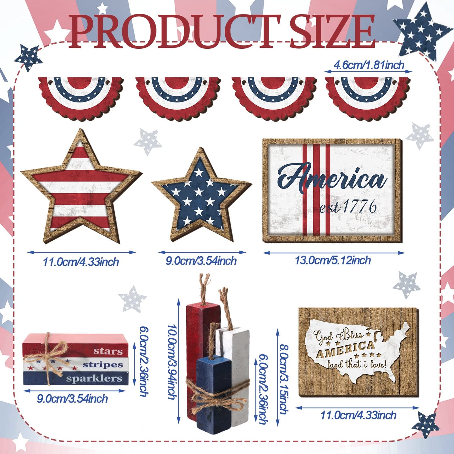 FairySandy 13 Pcs Memorial Day Decorations American 4th of July Patriotic Tiered Tray Decor Rustic 250th Anniversary Farmhouse Table Wooden Sign USA Flag Star Red White Blue for Independence Day Party