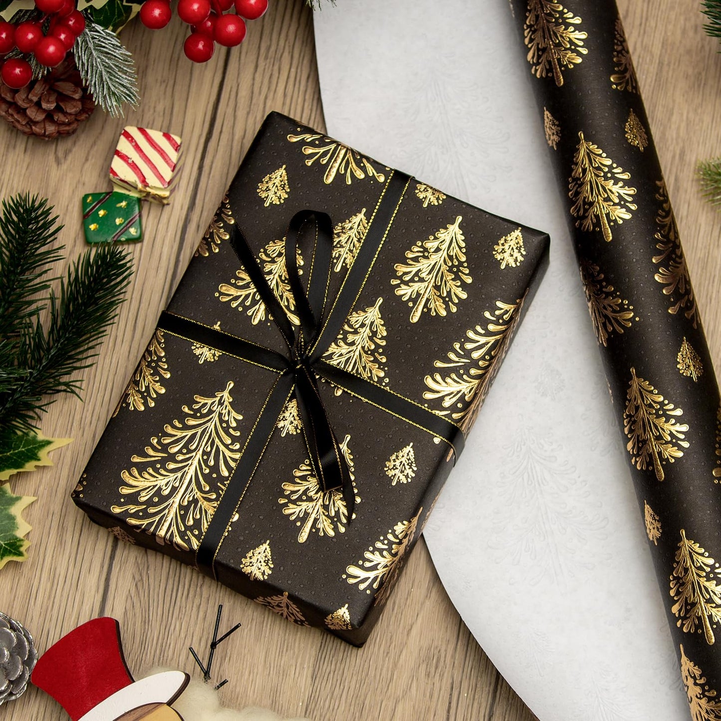 Black Kraf Christmas Wrapping Paper,Gold 3D Embossed Foil Christmas Pine Tree with Woodlands Wrap Paper for Holiday, Party,Celebration, New Year (17 Inch X 32.8 Feet)