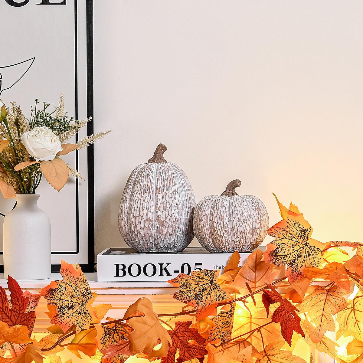 AOMOONOA Artificial Pumpkin Decor, Brown and White Decorative Pumpkins
