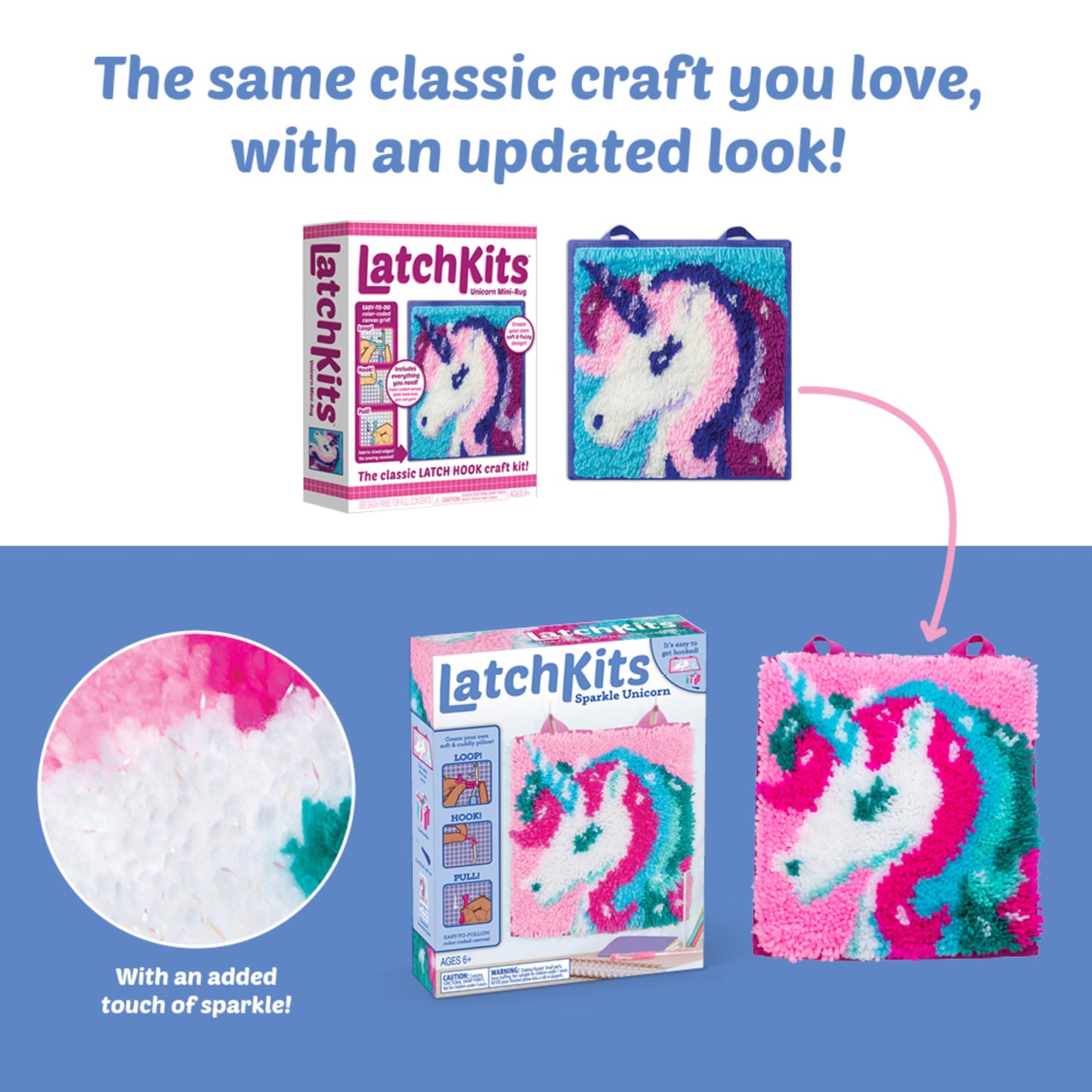 LatchKits Latch Hook Kits for Kids – Kids Crafts, Arts and Crafts, Yarn Art, Wall Hanging & Mini-Rugs, Craft Supplies, Pre-Cut Yarm, Easy Pattern, Hook Included, Arts & Craft, Ages 6+, Unicorn