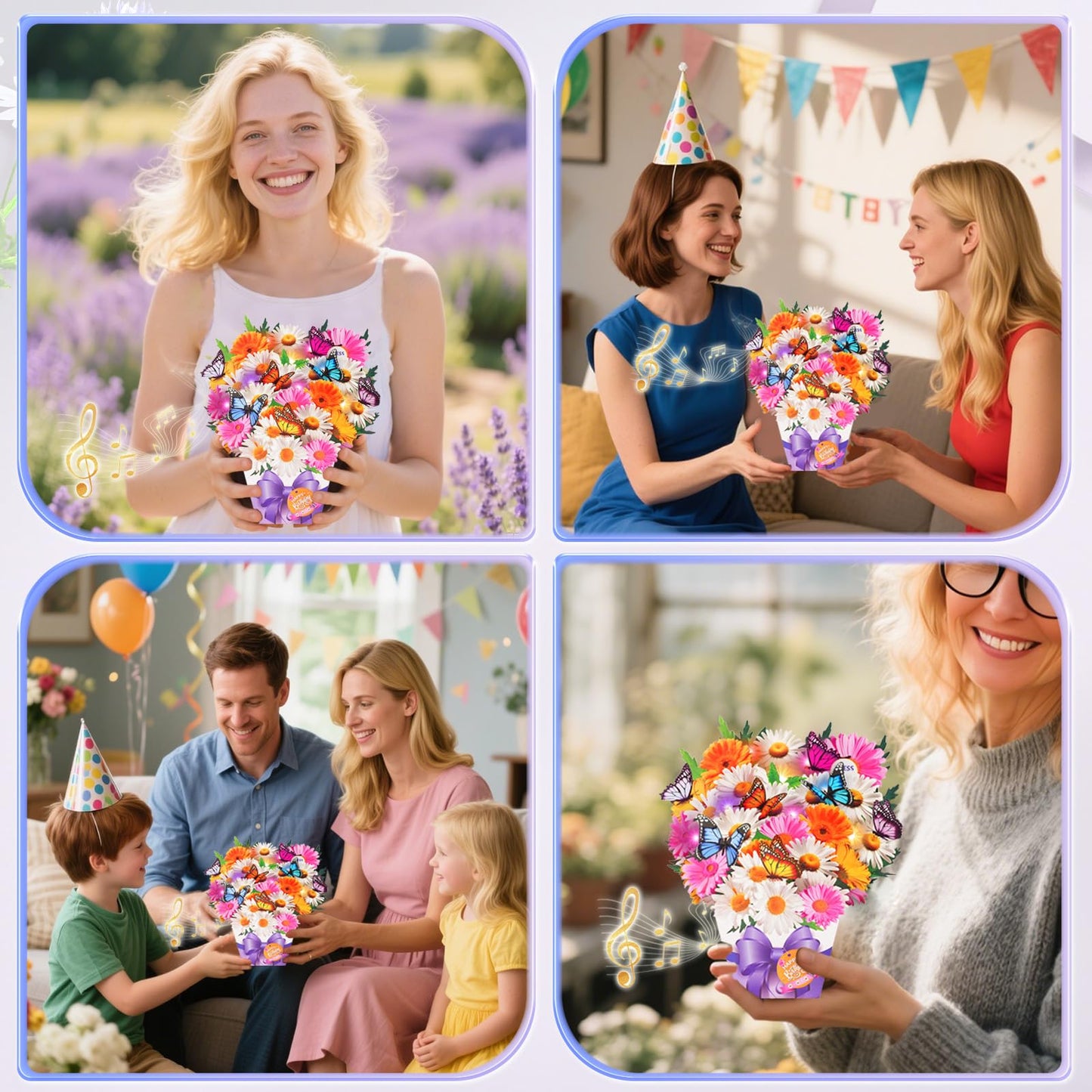 APOTODITO Mini Birthday Cards, Birthday Gift Card with Music and Light, Flower Bouquet 3D Card with Butterflies for Mom, Women, Wife (Butterfly & Daisy)