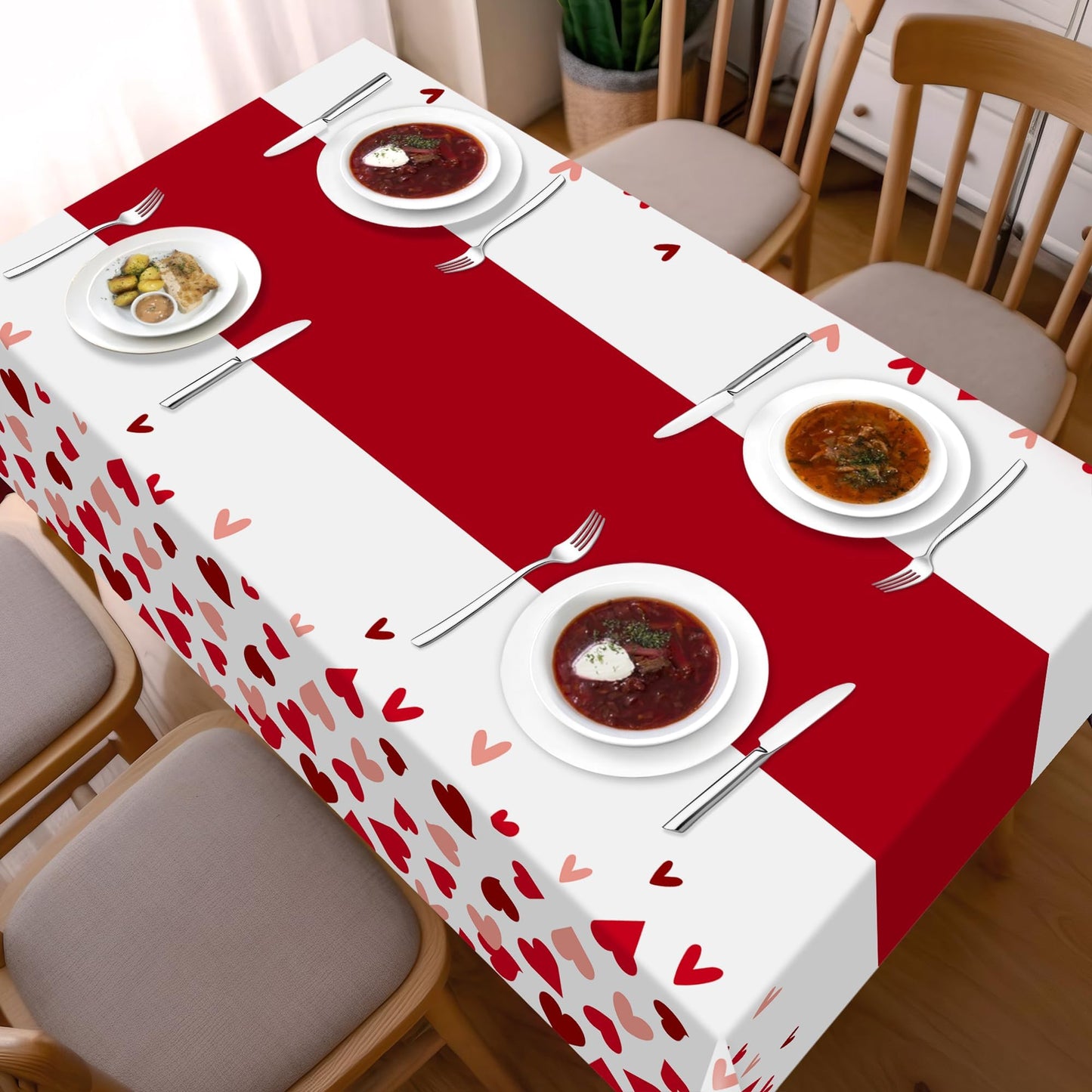 2 Pcs Valentines Day Tablecloths for Valentines Day Decorations,54" x 108" Disposable Plastic Tablecloths,Rectangle Heart Table Cover for Party Decorations Mothers Day Anniversary Birthday