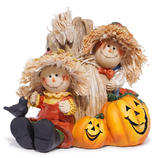 Fall Thanksgiving Scarecrow Figurine Decoration, 4" Resin Scarecrow with Straw, Pumpkin & Red Bird - Fall Harvest & Thanksgiving Decor for Home, Tabletop Display