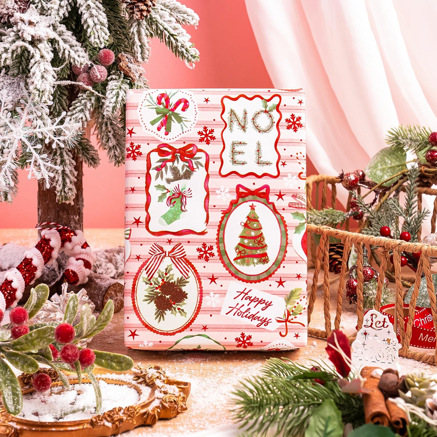 30 Inch Jumbo Reversible Christmas Wrapping Paper - 30 Inch x 33 Feet - Pink & Red Classic Christmas Decor and Stripes Wrapping Paper for Xmas Holiday, Party Celebration
