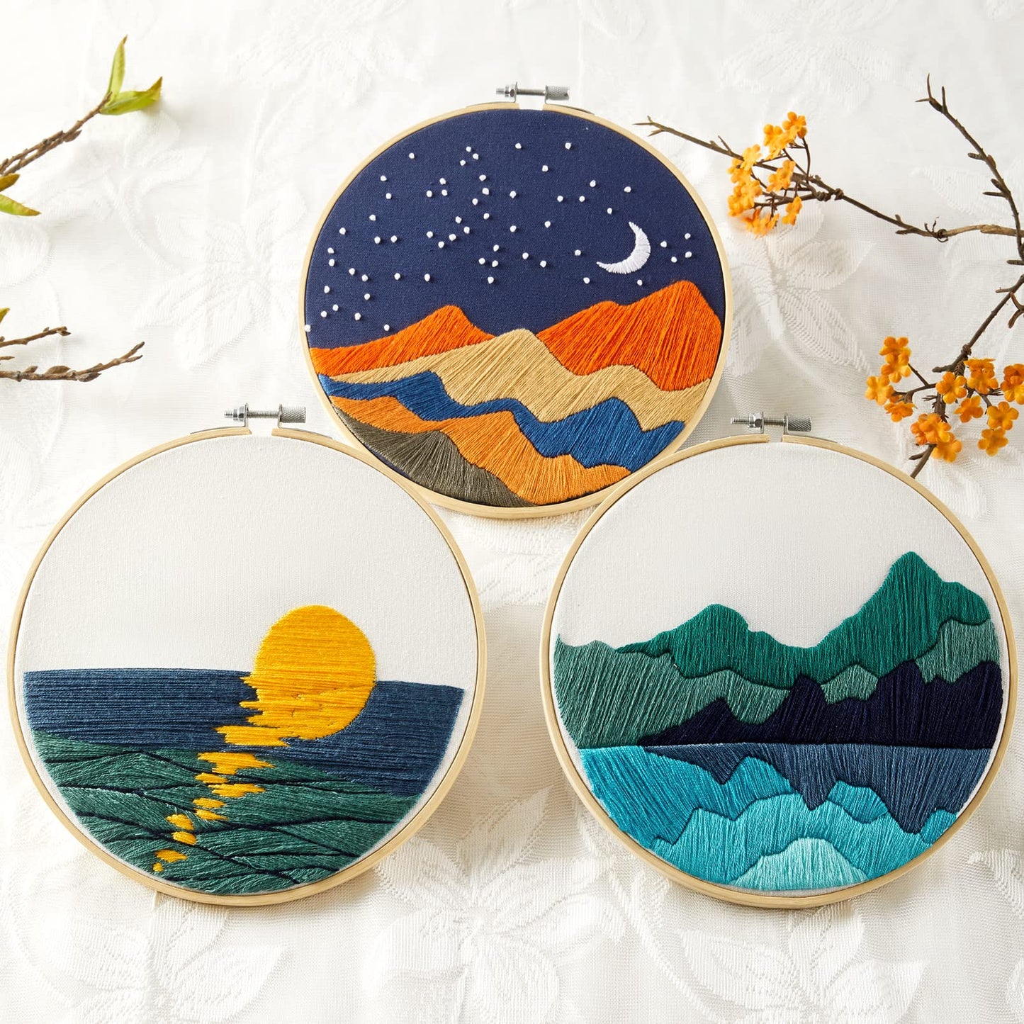 Embroidery Kits for Beginners Adults, Stamped Cross Stitch kits for Adult Beginners Embroidery Starter Kit with Pattern, 3 Embroidery Hoop and Fabric, Needles Threads (Attached Teaching Video QR Code)