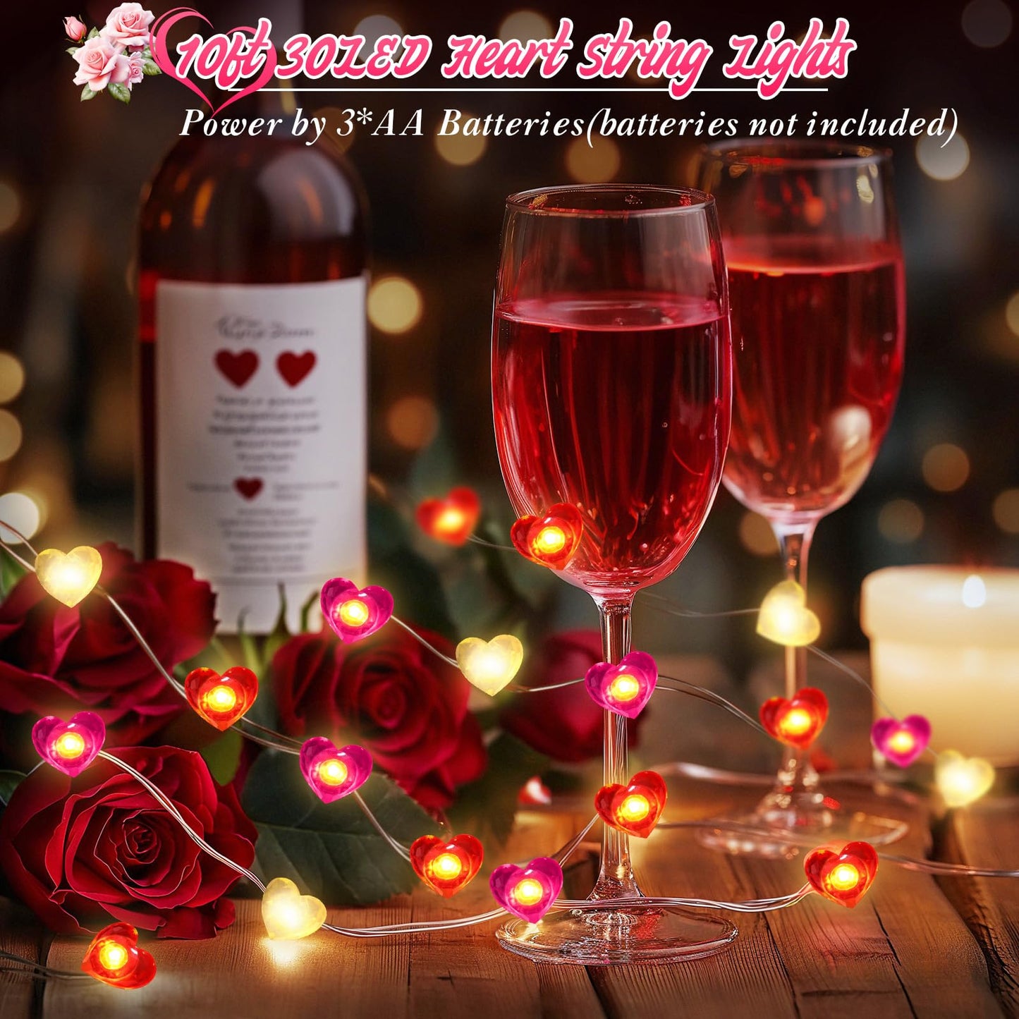 Coquimbo Heart String Lights, 10FT 30 LED Heart Shaped Fairy Lights Battery Operated Room Decor Mothers Day Decor for Home Bedroom Wedding Anniversary Party