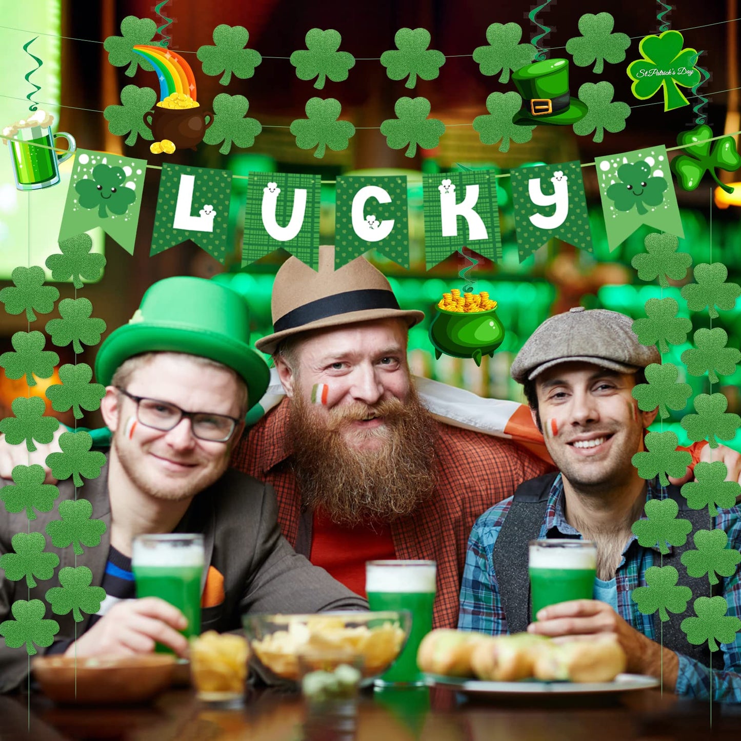 31Pcs St Patricks Day Decorations Pre-Assembled Shamrock Lucky Banner Garlands Clover Hanging Swirls Irish Decor for Home Saint Patrick Party Supplies