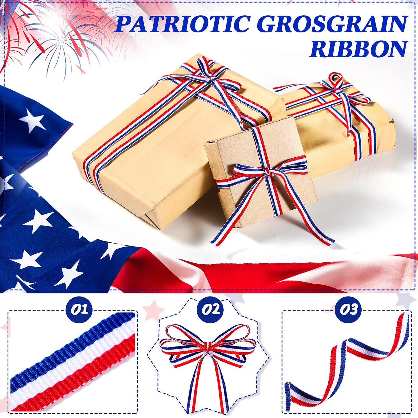 Red White Blue Striped Grosgrain Ribbon Use for Memorial Day Gift Wrapping, Party Decoration, DIY Crafting and Sewing (Red, White, Blue,3/8 Inch x 100 Yard)