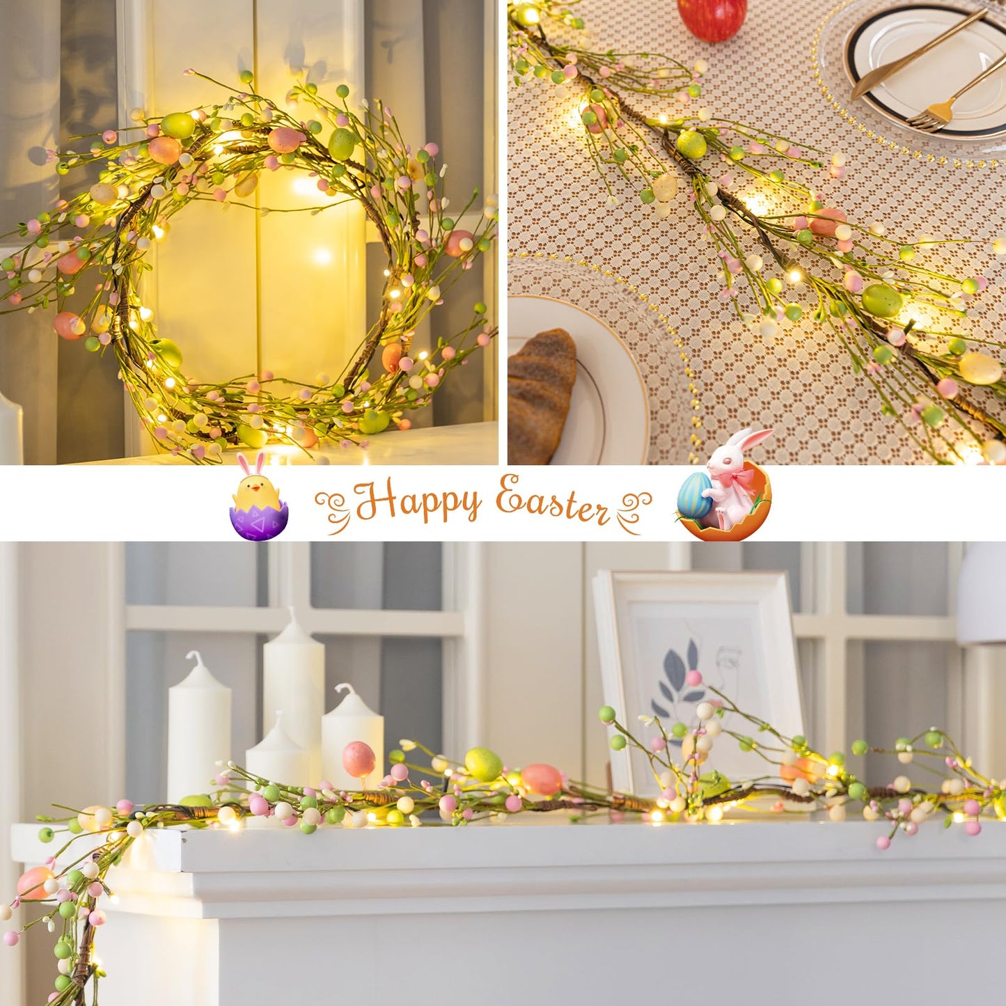 6.6 FT Lighted Easter Garland with Egg and Mixed Berry, Artificial Spring Garlands with Timer, Easter Decorations Pre-lit with 18 LED Lights, Pastel Garland for Mantle Doorway