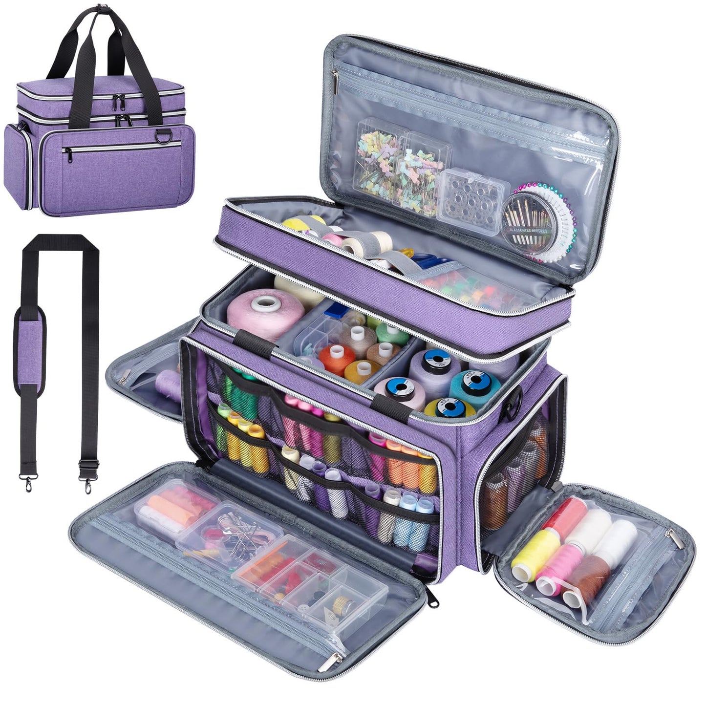 Large Sewing Supplies Organizer, Double Layer Sewing Storage Organizer with Two Detachable Dividers, Travel Sewing Bag Organizer with Shoulder Strap for Accessories, Purple, (Bag Only)