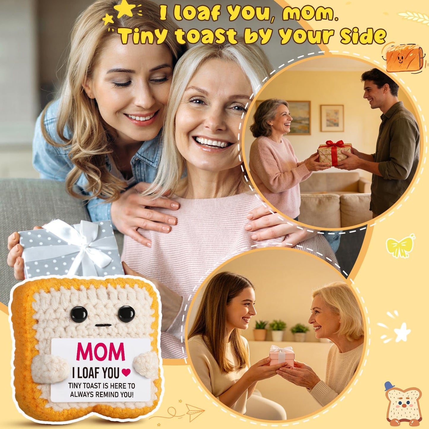 Mothers Day Pun Gift for Mom from Daughter Son- Handmade Cute Loaf Crochet Toast - I Love You Funny Presents for Moms Bonus Mamas Mother-in-Law Birthday, Valentine's Christmas Stocking Stuffers