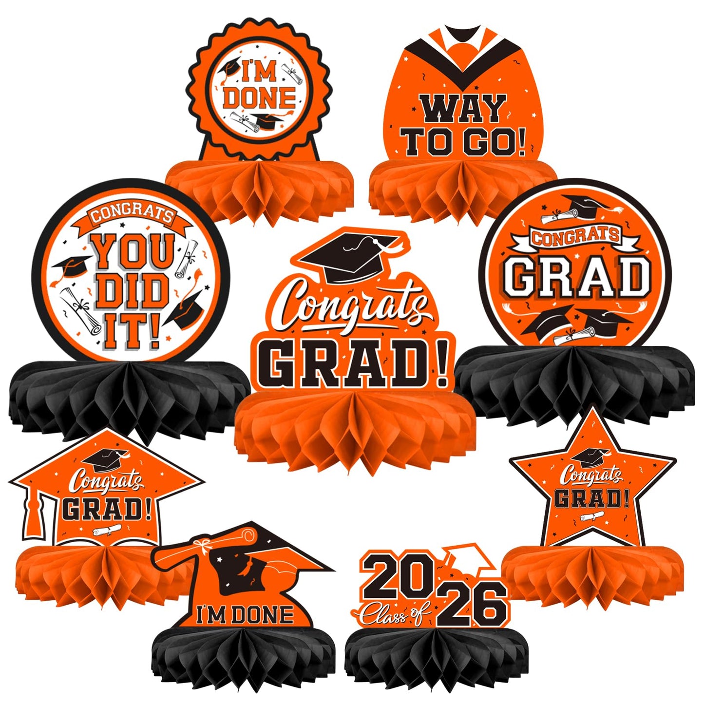 9PCS Graduation Party Decorations Class of 2026 Congrats Grad Table Centerpiece Congratulate Graduation Honeycomb Table Toppers for Graduation Party Supplies(Orange,Black）
