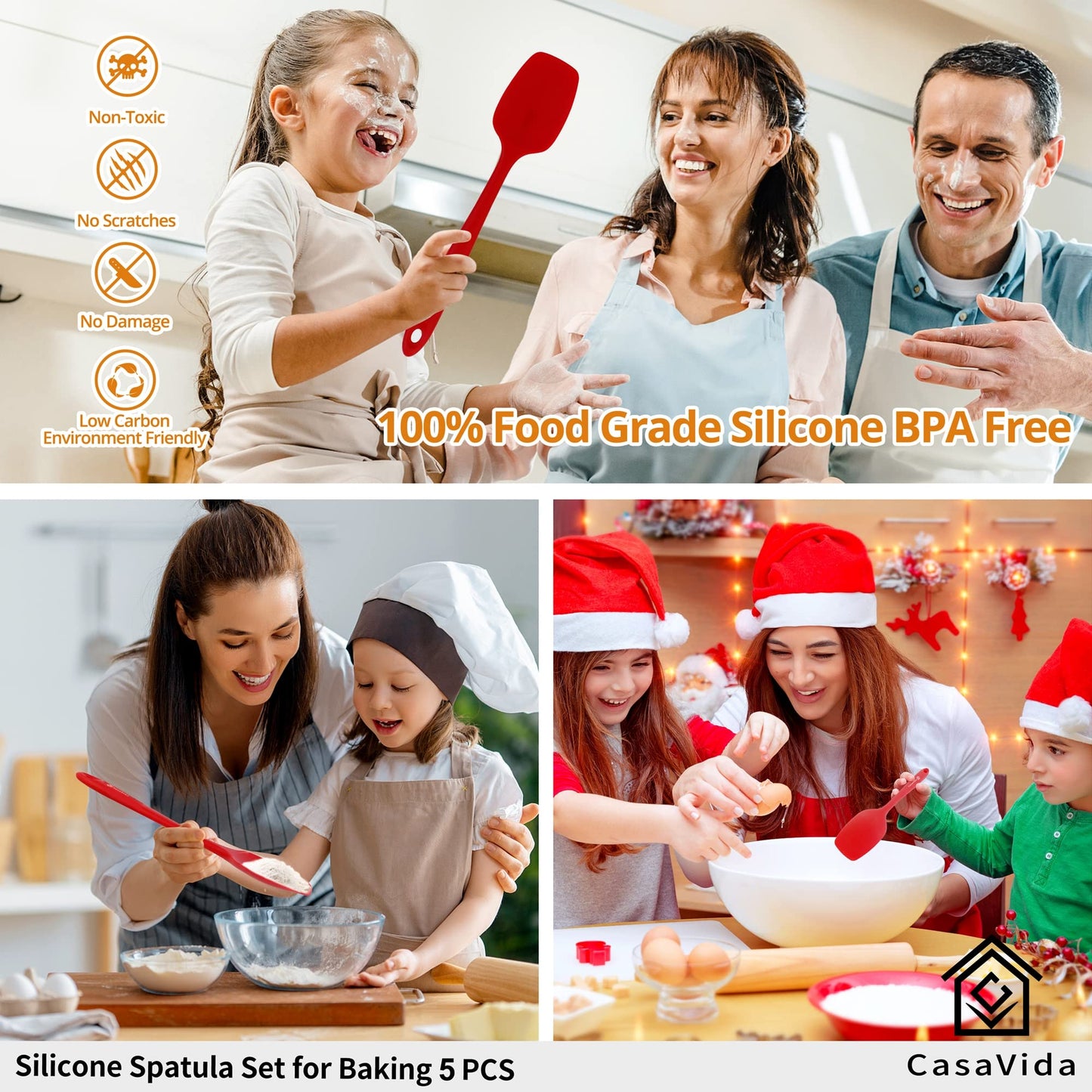 CasaVida Silicone Spatula Set 5pcs Red High Heat Resistant Non Stick Bakery Flexible BPA Free Dishwasher Safe Kitchen Utensils Bakeware Cookware Baking Mixing One-piece Seamless Spatula Set