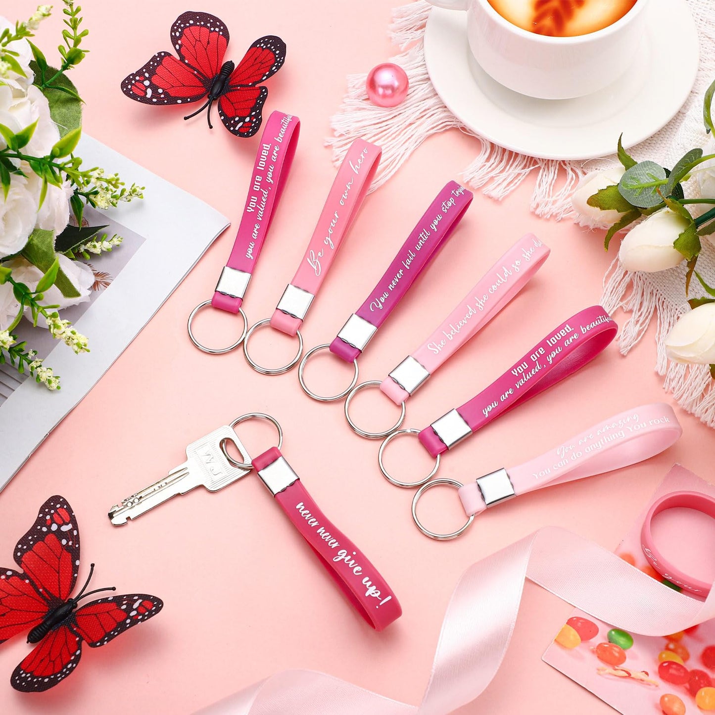 24 Pcs Galentines Party Favors Inspirational Quote Keychains Bulk for Women Men Gifts Motivational Keychain Ring(Pink)