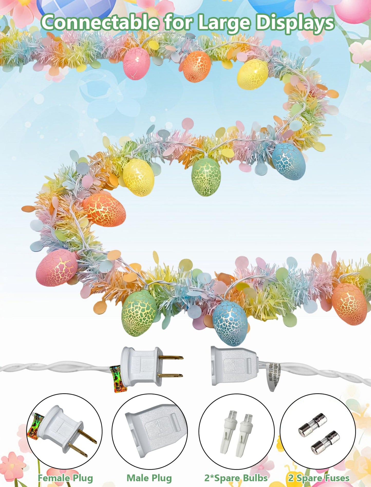 8.5Ft Easter Garland with Lights, Plug in Easter Egg String Lights & Pastel Tinsel Set (White Wire), Connectable Waterproof Indoor Outdoor Decor for Home Mantle Bedroom Party