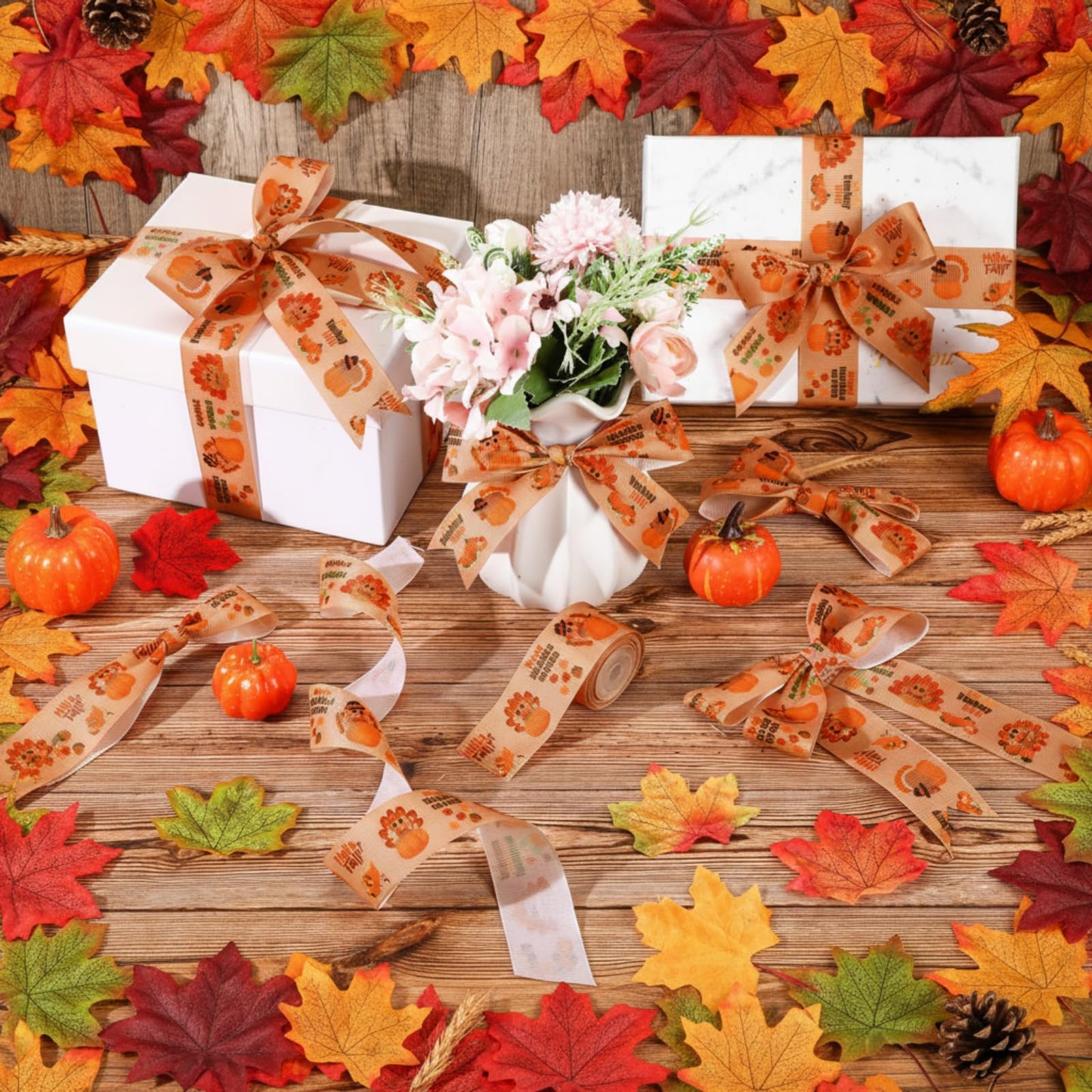 Chuangdi Turkey Print Ribbon 1.5 Inch 20 Yards Grosgrain Fall Ribbon Craft for Thanksgiving Party Decor Hair Bows Headbands Making and Craft Wrapping