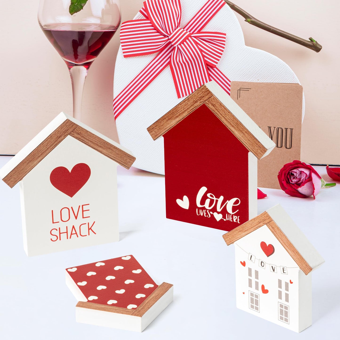 4PCS Valentine House Shaped Wooden Tiered Tray Sign Table Decor, Happy Valentine's Day Tabletop Wood Centerpiece, Romantic Sweet Love Shack Decoration for Wedding Engagement Party