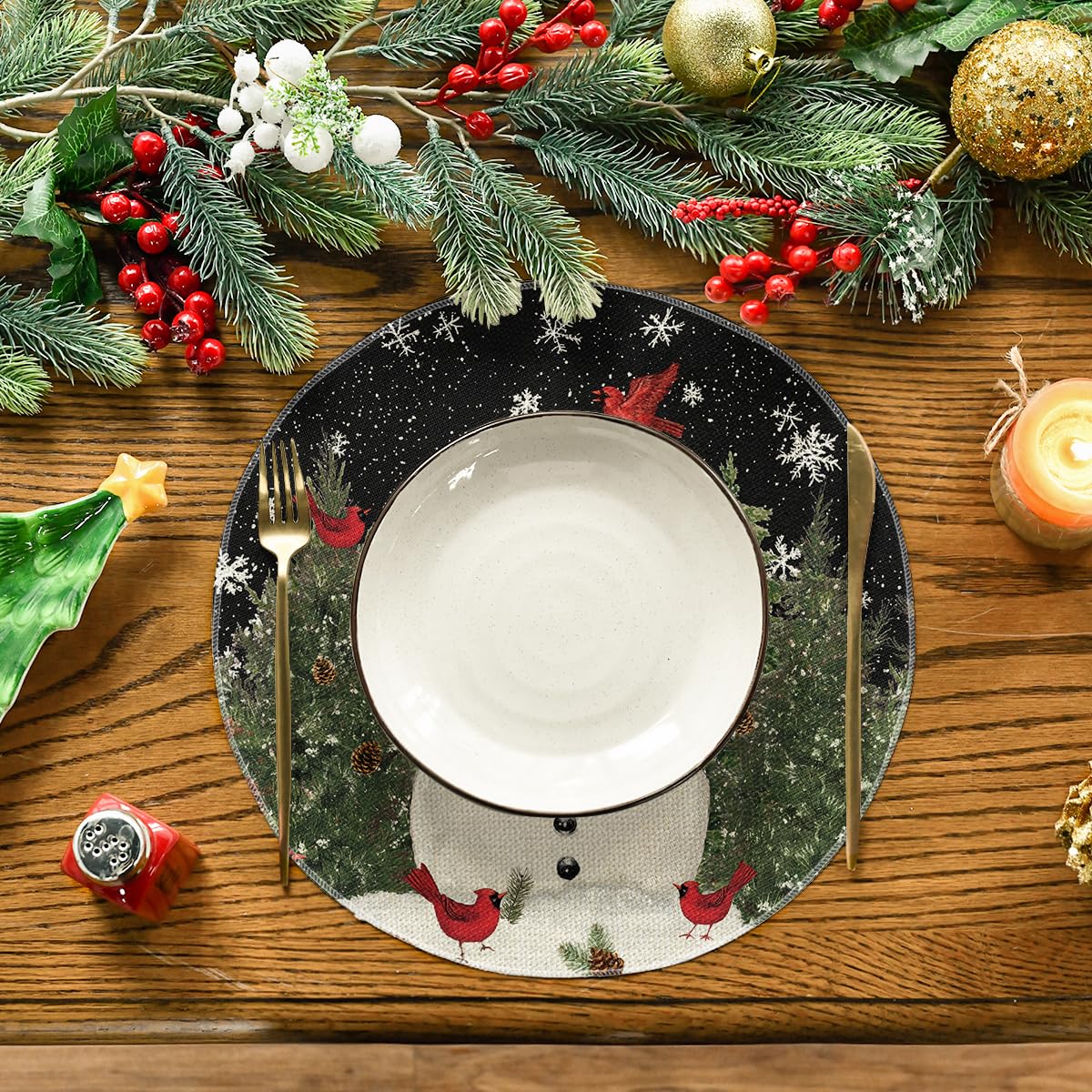Snowman Trees Snowflakes Christmas Round Placemats Set of 4, 14 Inch Black Winter Round Table Mats for Dining Decoration