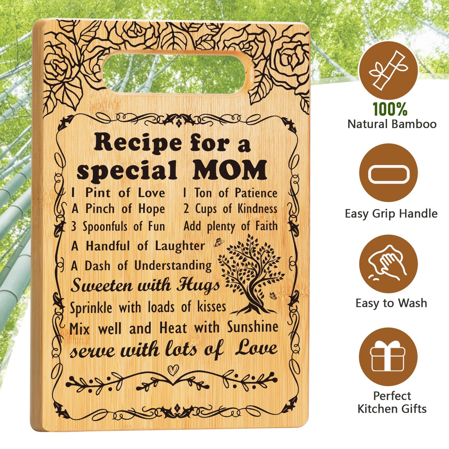 Mothers Day Gifts for Mom,Recipe for a Special Mom- Birthday Mom Gifts from Daughter Son Cutting Board Set, Engraved Utensil Best Mom Ever Gifts Ideas Mom Gifts for Mother New Mom Step Mom