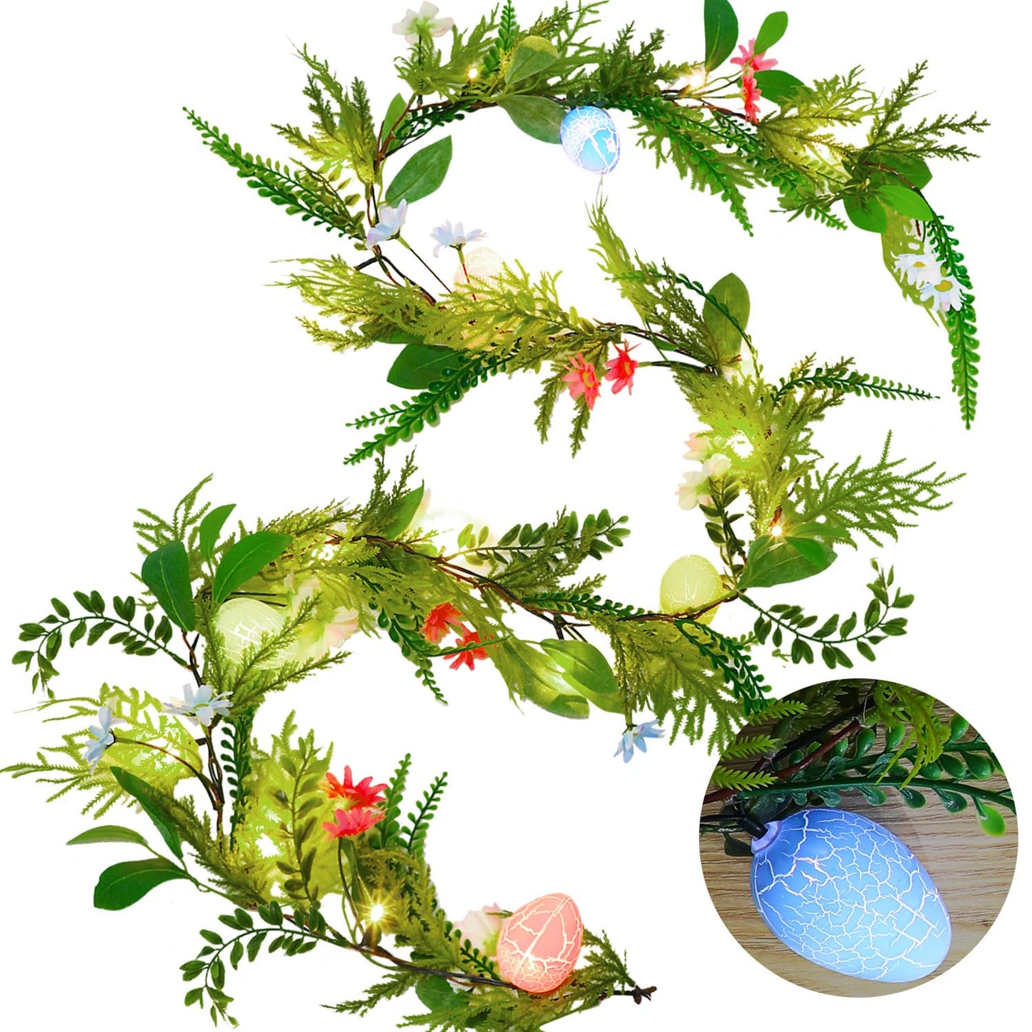 6.7FT Easter Lighted Garland,Artificial Spring Vine Branche with Easter Egg Berries Flower for Mantle Fireplace Home Table Party Decoration