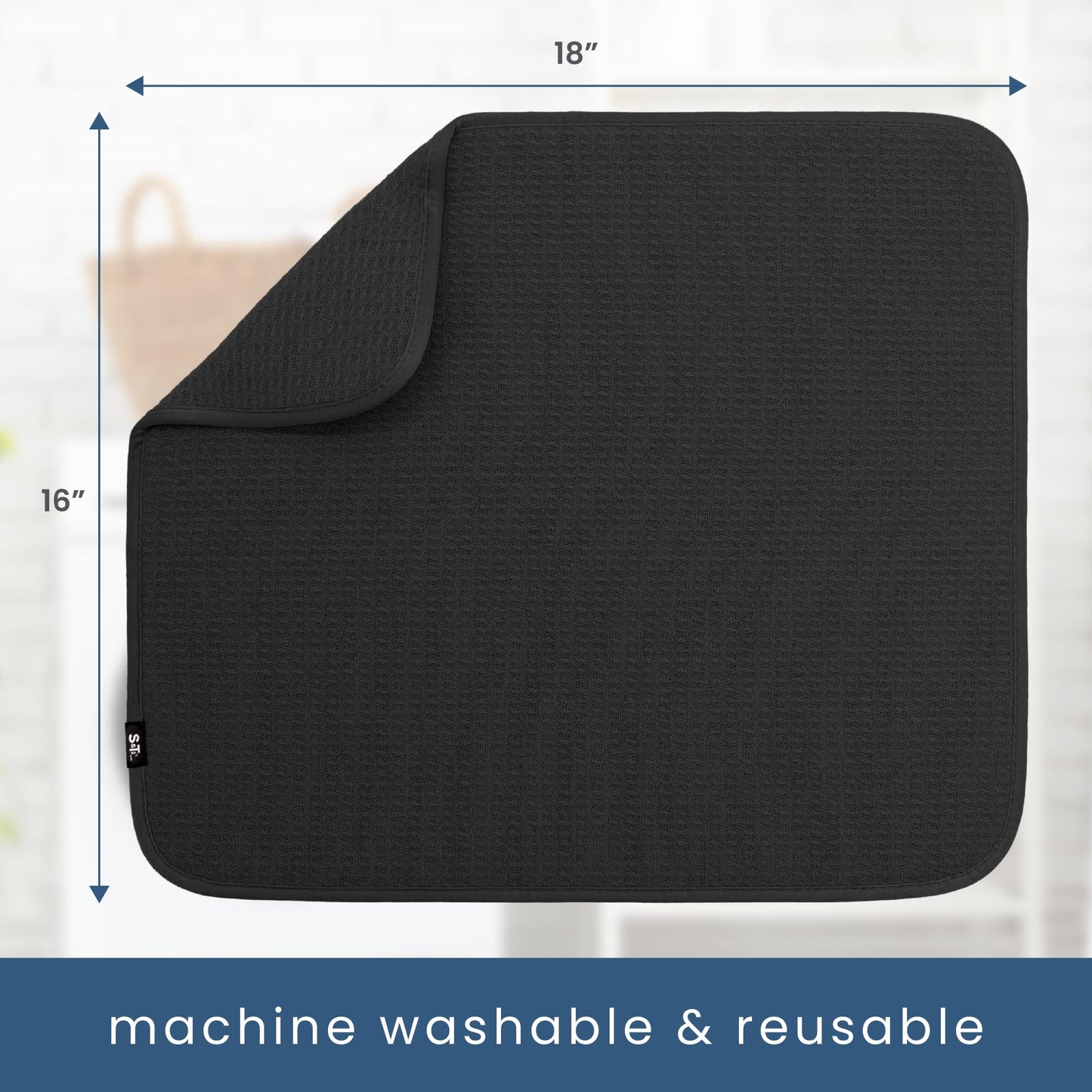 Dish Drying Mat, 16” x 18”, Absorbent Microfiber Kitchen Counter Mat, Dish Drying Pad for Dishes, Utensils, Pots and Pans, Large, Black
