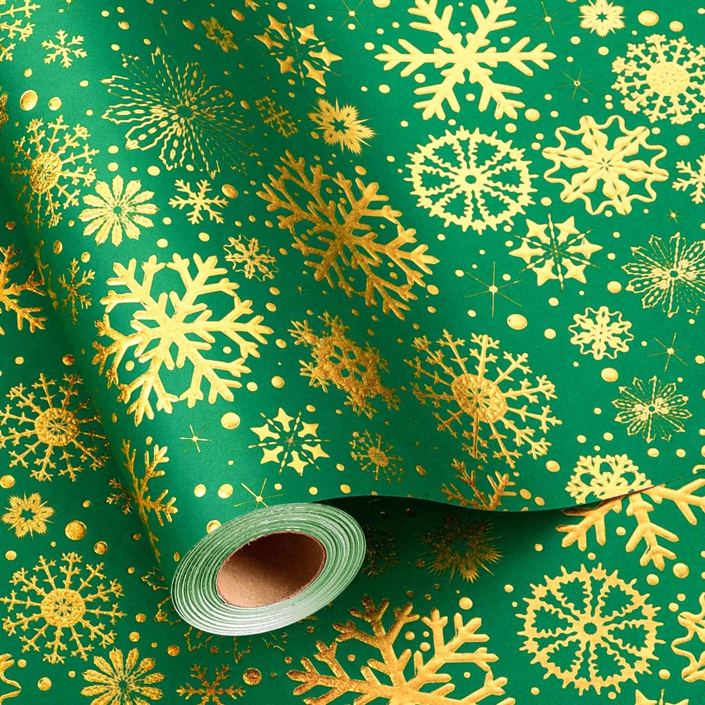 Kraft Christmas Green Wrapping Paper,Gold Luxury Snowflake Metallic Gold Embossed Foil Gift Wrap Roll Design for Holiday, Party,Celebration, New Year (17 Inch X 32.8 Feet)
