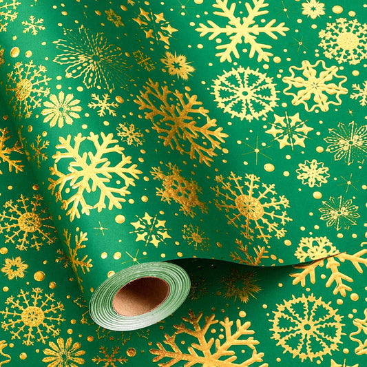 Kraft Christmas Green Wrapping Paper,Gold Luxury Snowflake Metallic Gold Embossed Foil Gift Wrap Roll Design for Holiday, Party,Celebration, New Year (17 Inch X 32.8 Feet)