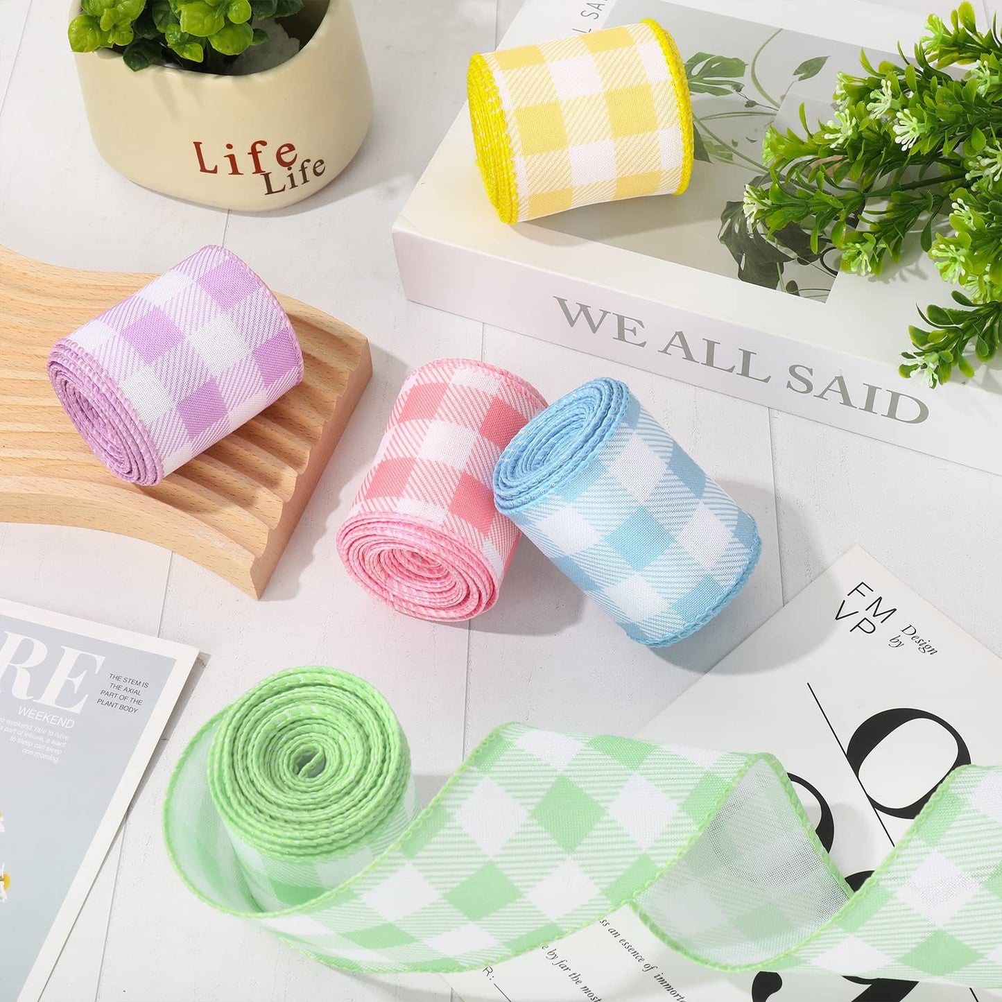 Spring Wired Edge Ribbon 30 Yards Pastel Buffalo Plaids Craft Ribbon Light Blue Yellow Pink Purple Green Decorative Fabric Ribbon for Easter Wreath Bow Making DIY Crafts Wrapping, 5 Roll
