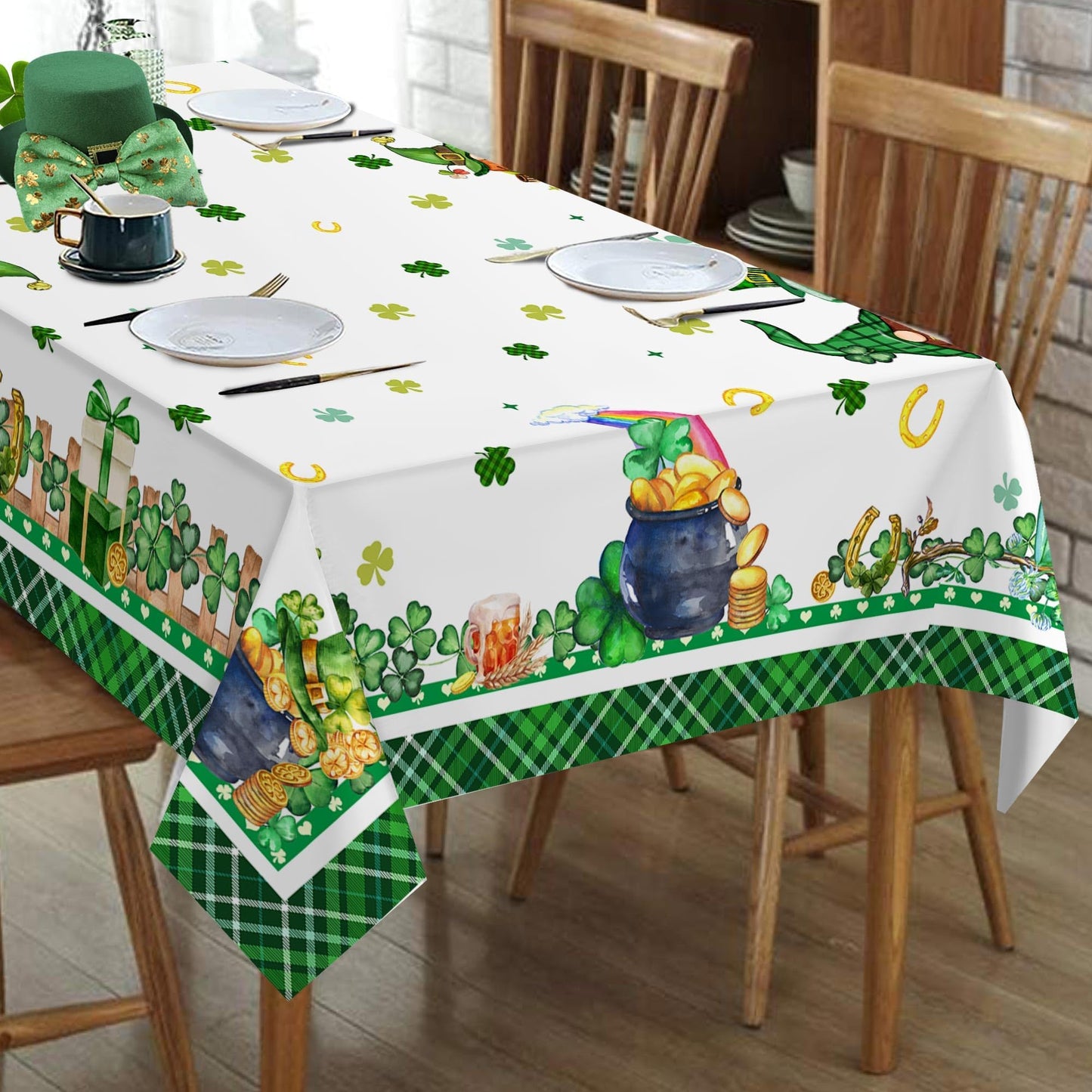 St Patricks Day Tablecloth Rectangle 60 x 84 Inch, Green Shamrocks St Patrick's Table Cloth Gnome Truck Cover for Party Home Dinner Decor