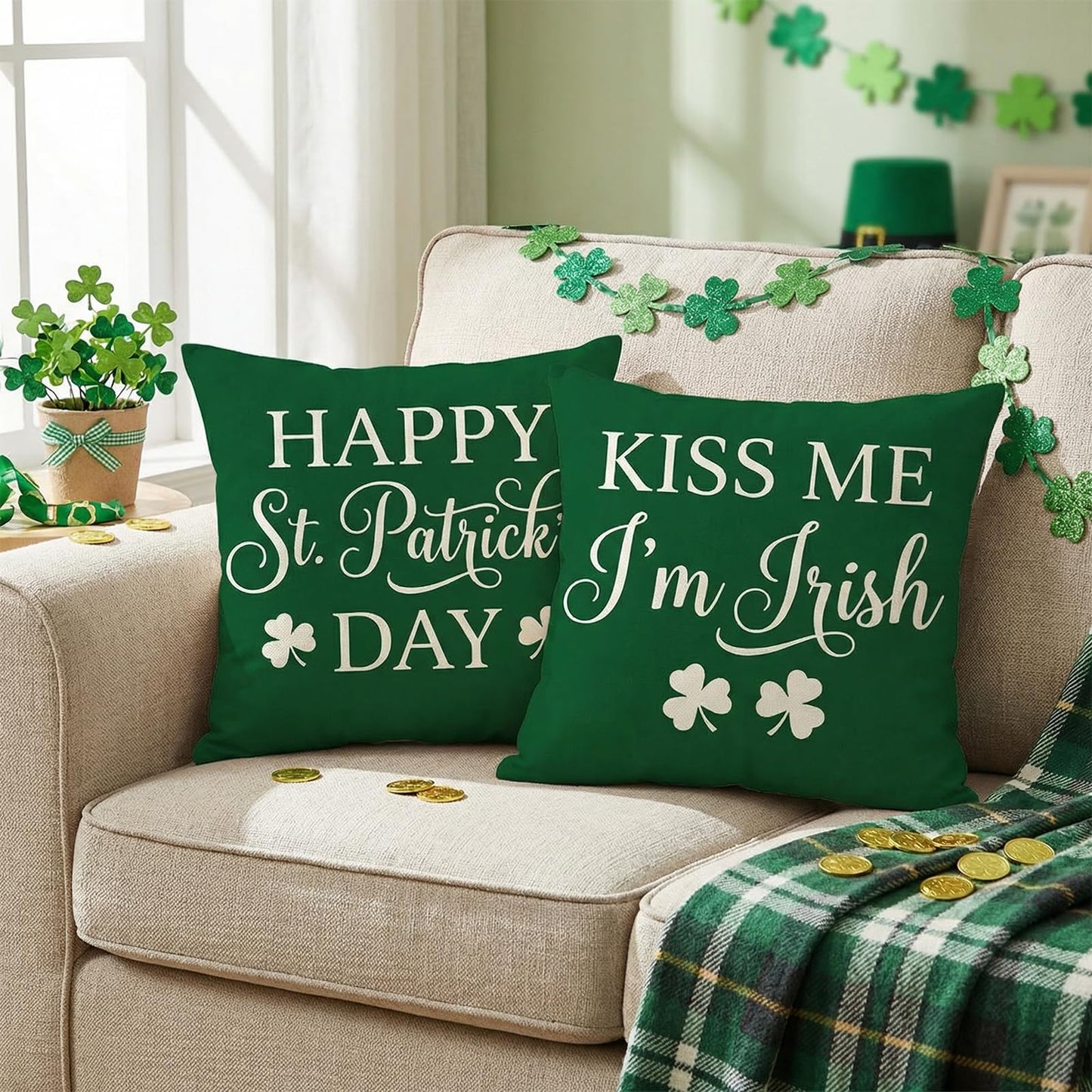 St Patricks Day Decorations,St Patricks Day Pillow Covers 18x18 Set of 4 Scottish Tartan Plaid St Patricks Day Hat Farmhouse Classic Decorative Square Cushion Cases for Sofa Couch
